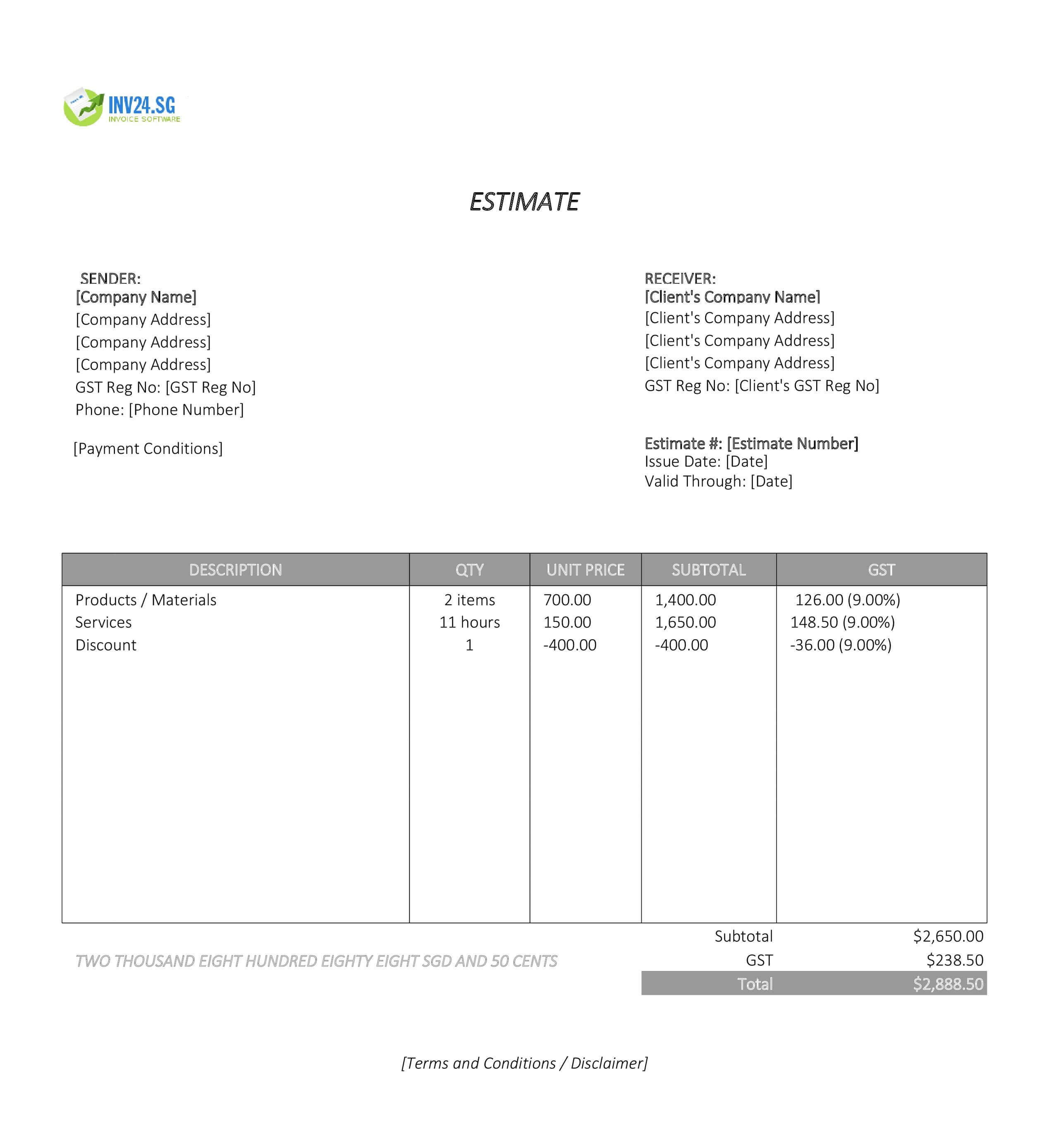 Formal Estimate Template for Singapore (Excel / Google Sheets)