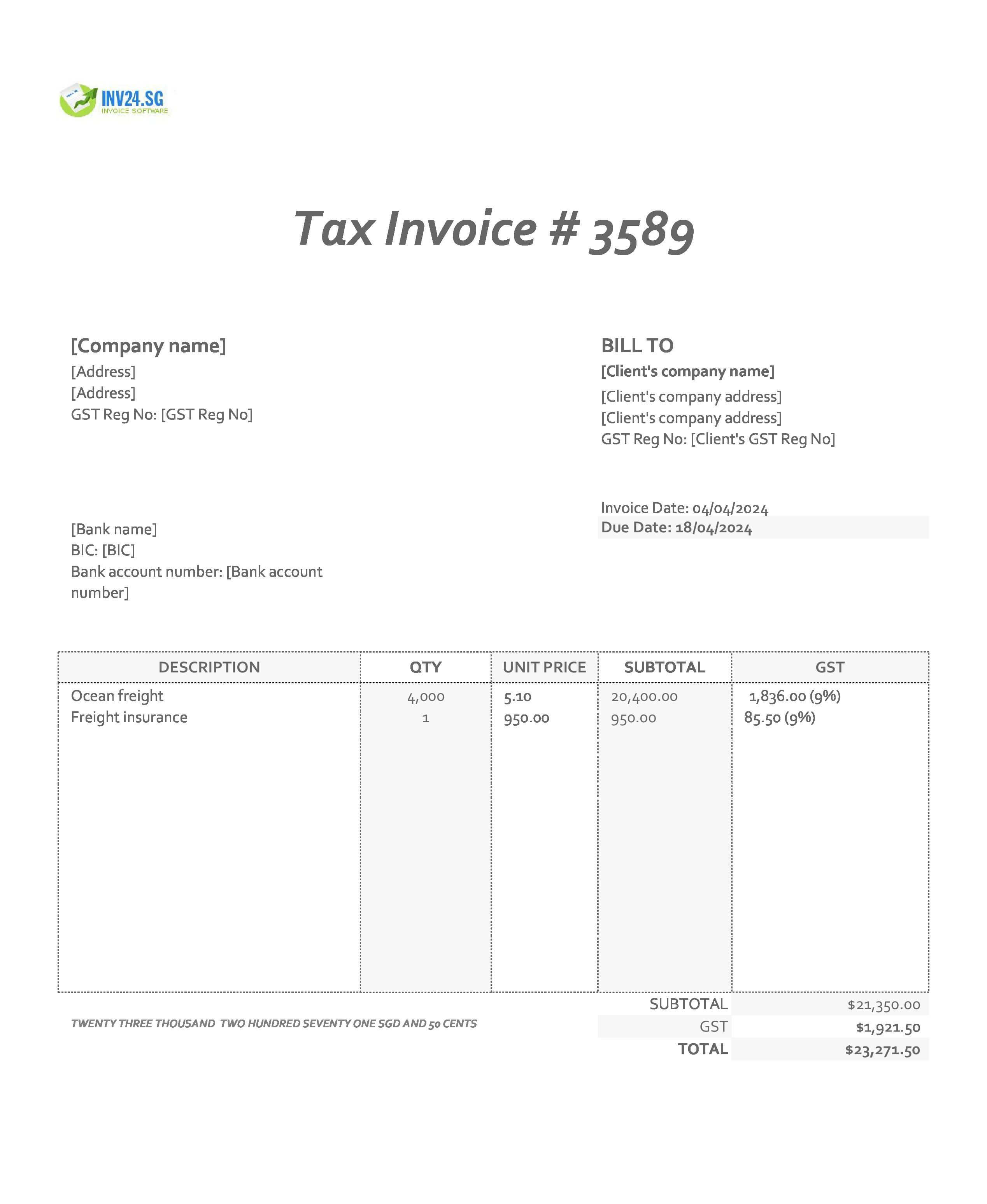 Freight Invoice Template Singapore (Excel / Google Sheets) Freight Invoice Template Singapore (Excel / Google Sheets)