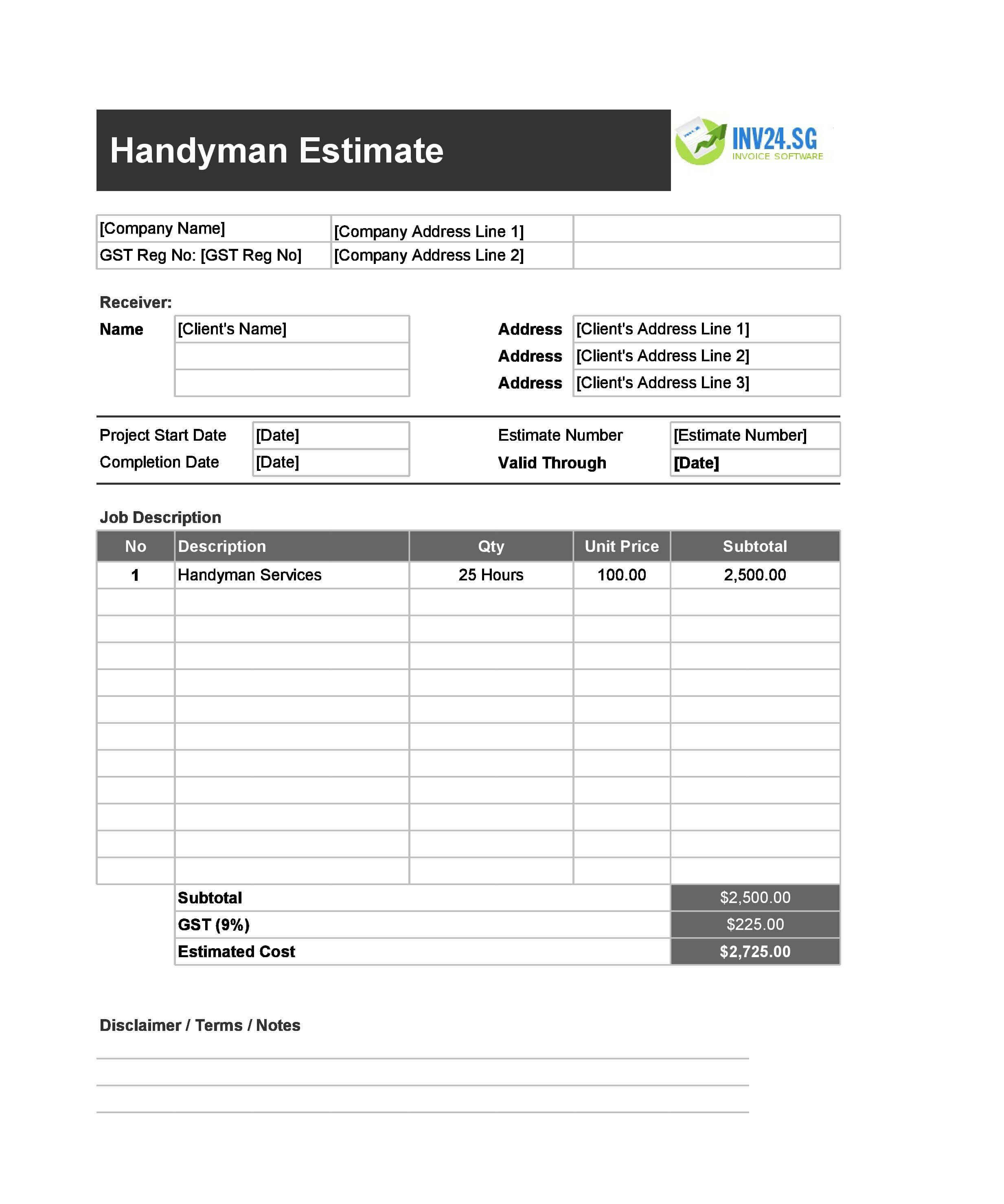 Handyman Estimate Template for Singapore (Excel / Google Sheets) Handyman Estimate Template for Singapore (Excel / Google Sheets)