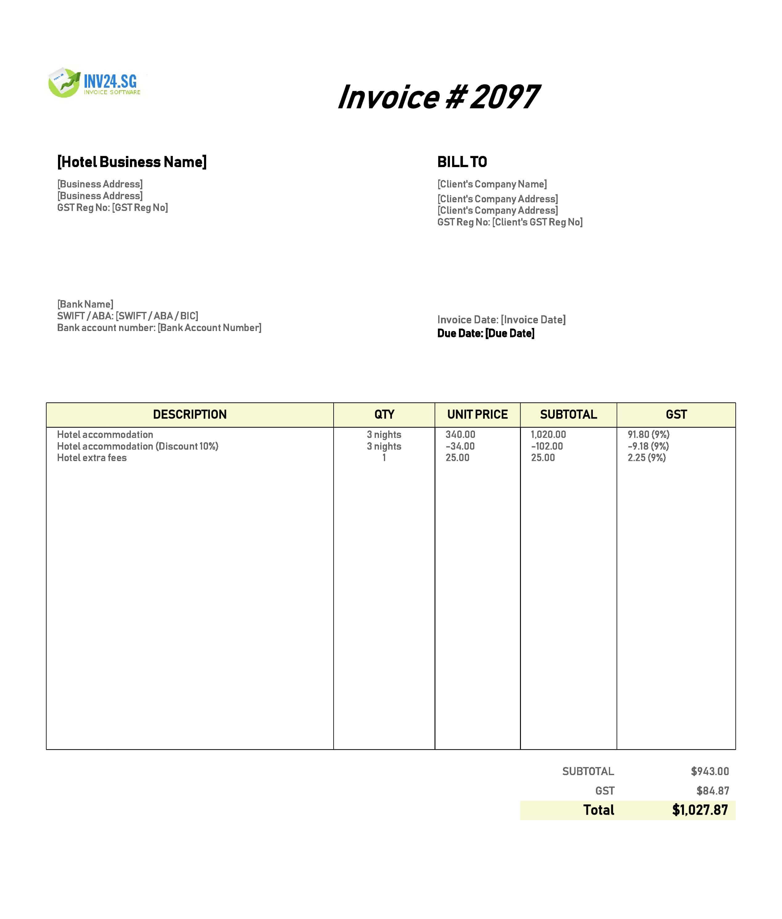 Hotel Invoice Template for Singapore (Excel / Google Sheets) Hotel Invoice Template for Singapore (Excel / Google Sheets)