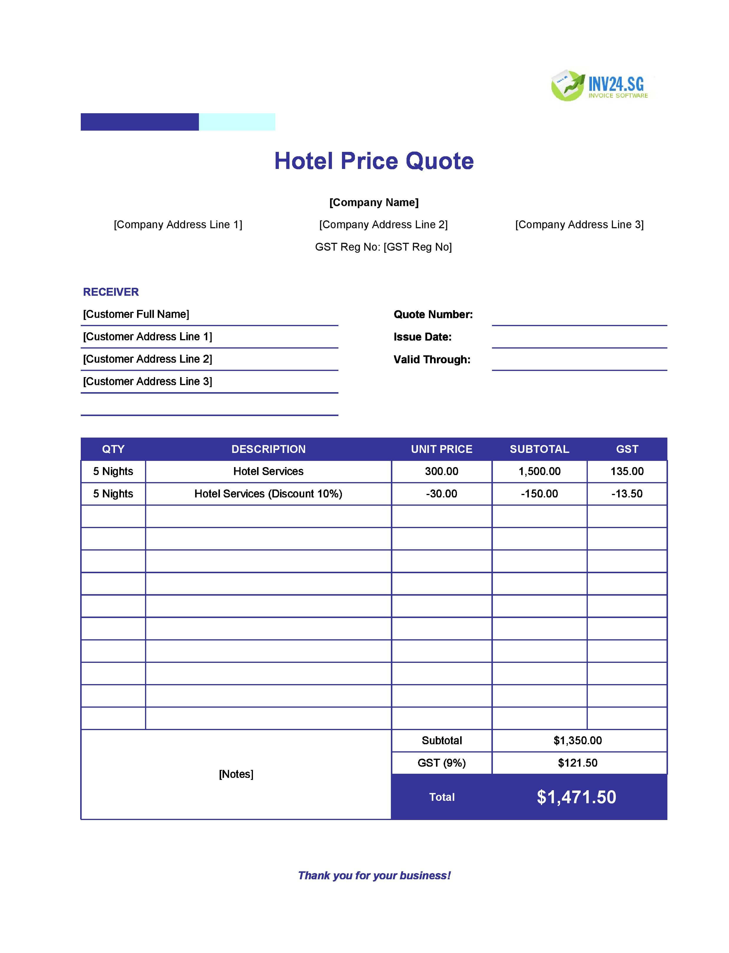 Hotel Quote Template for Singapore (Excel / Google Sheets)