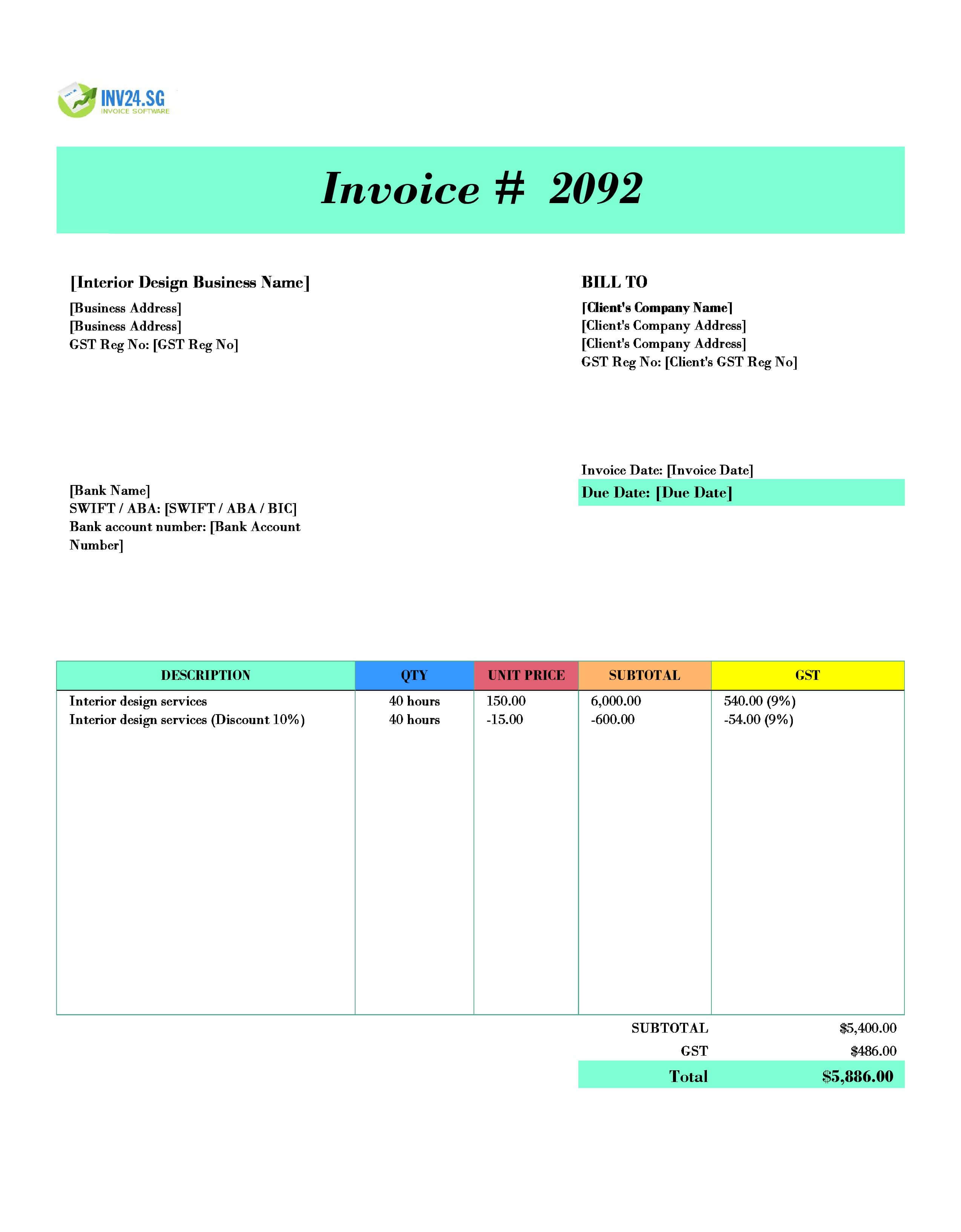 Interior Design Invoice Template for Singapore (Excel / Google Sheets)