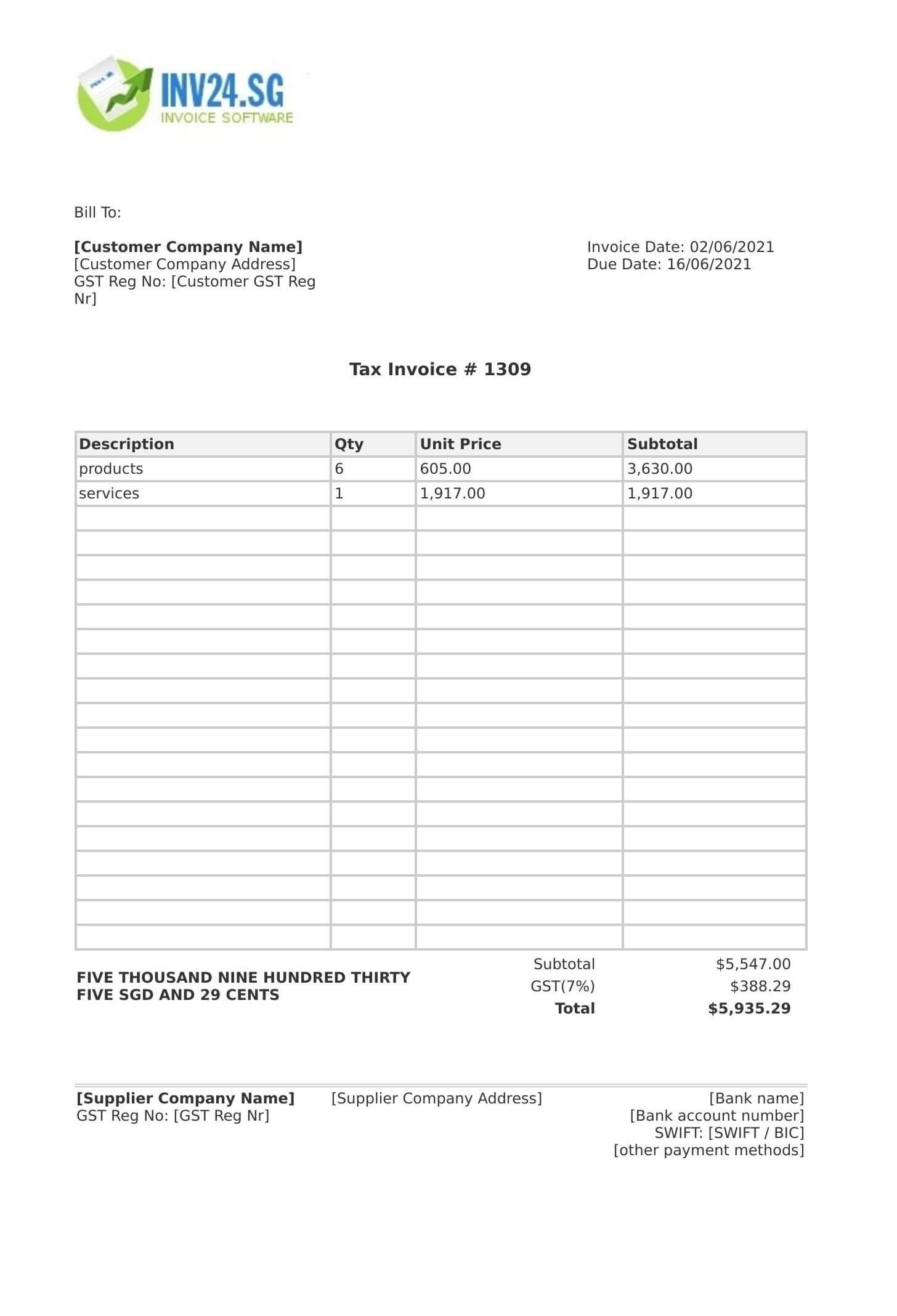 invoice sample singapore