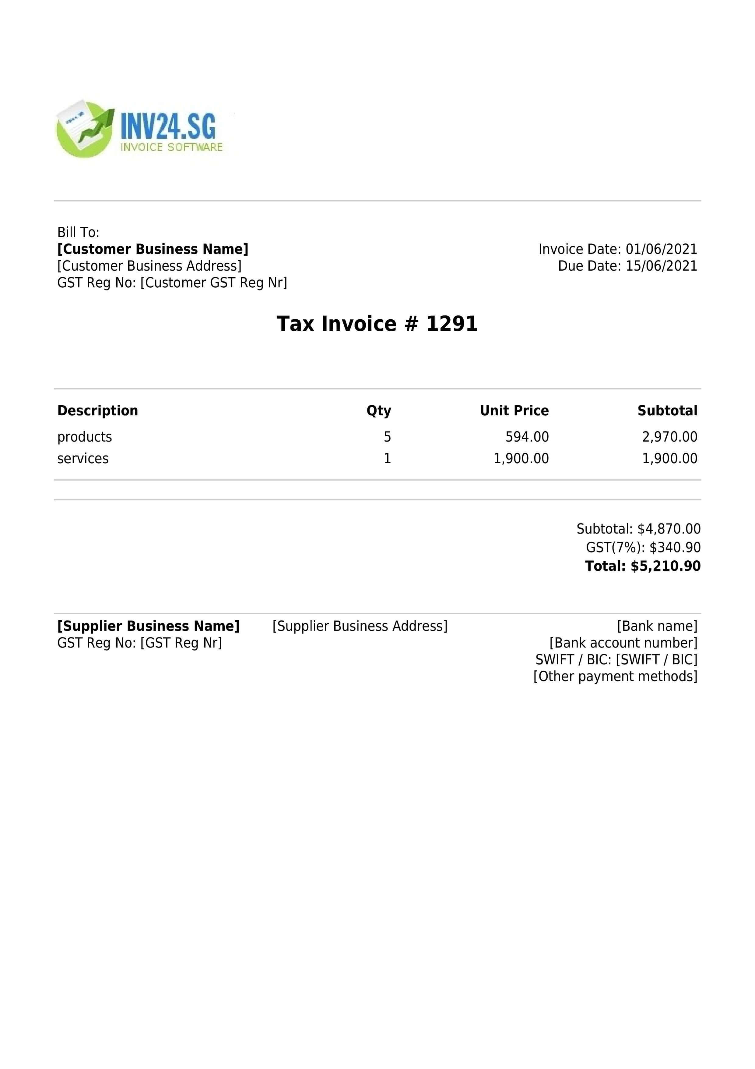 A Singapore invoice sample with mandatory and optional fields