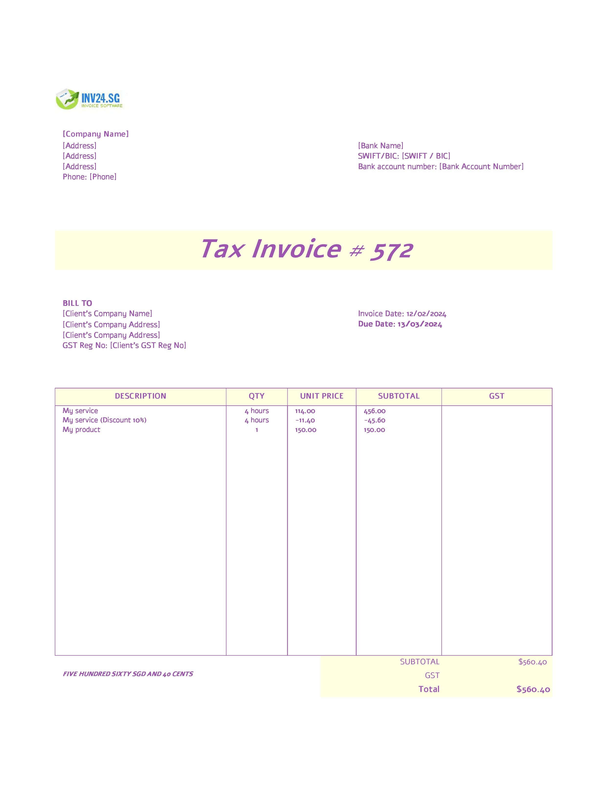 Singapore invoice template without GST