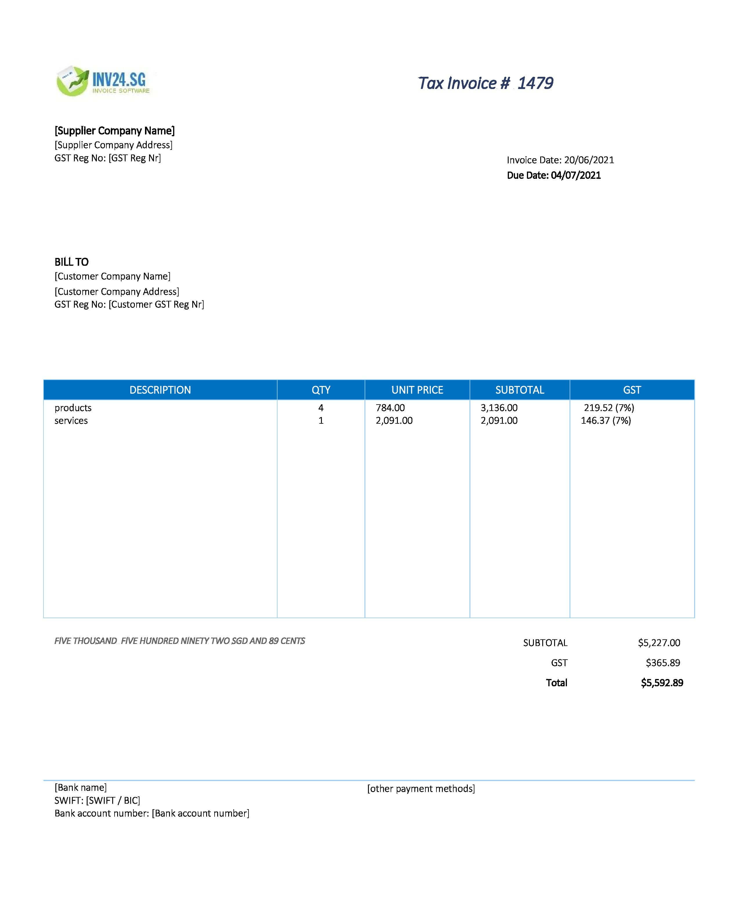 invoice template xls singapore