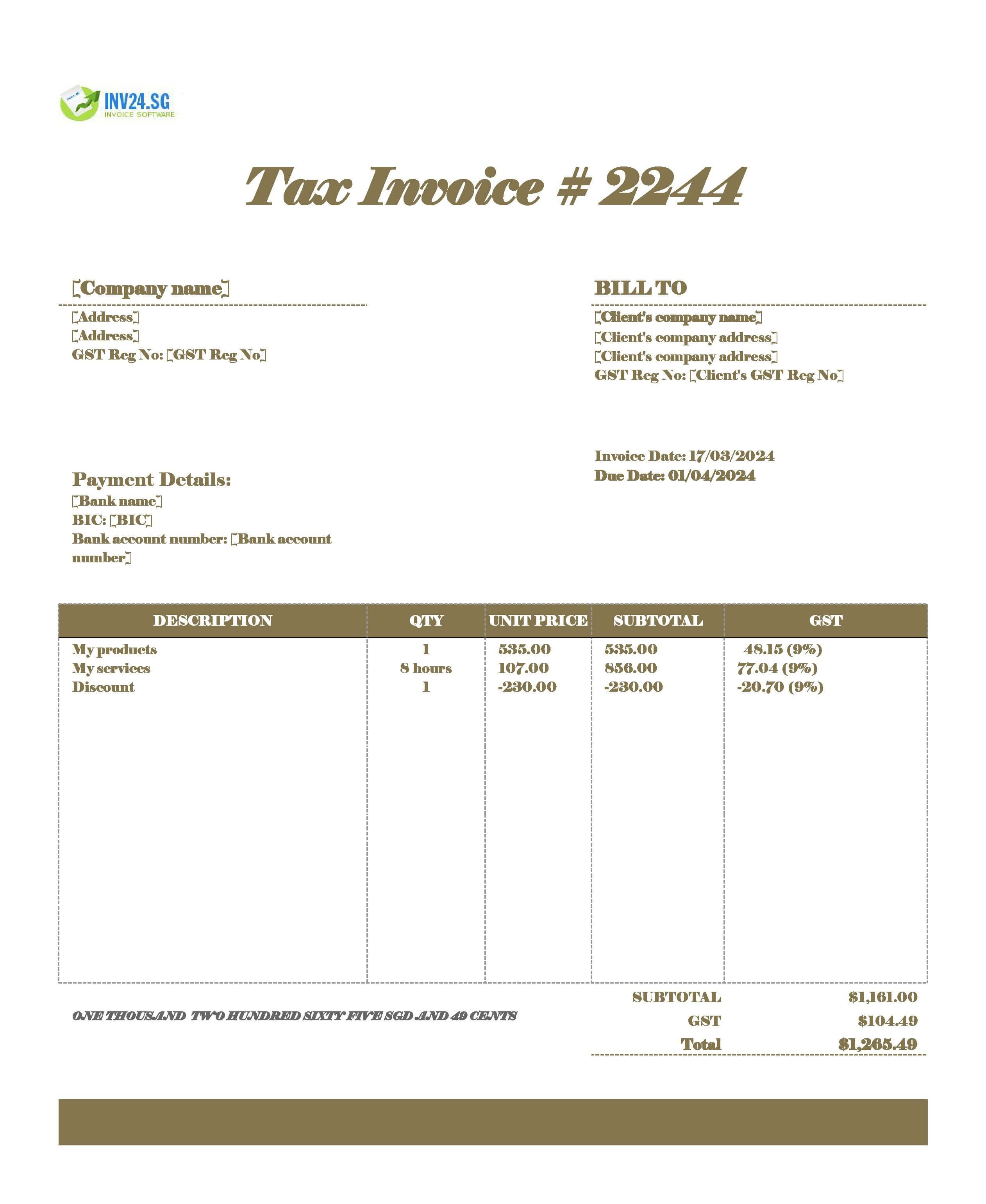 invoice with bank details example