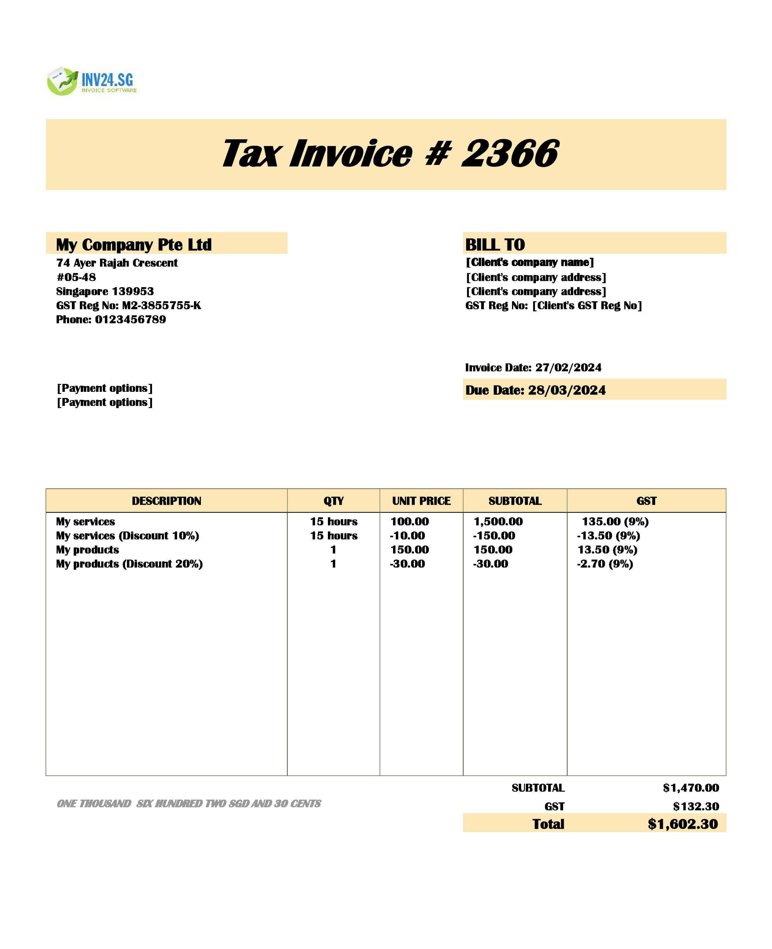 Invoice With Discount Template Singapore (Excel / Google Sheets) Invoice With Discount Template Singapore (Excel / Google Sheets)