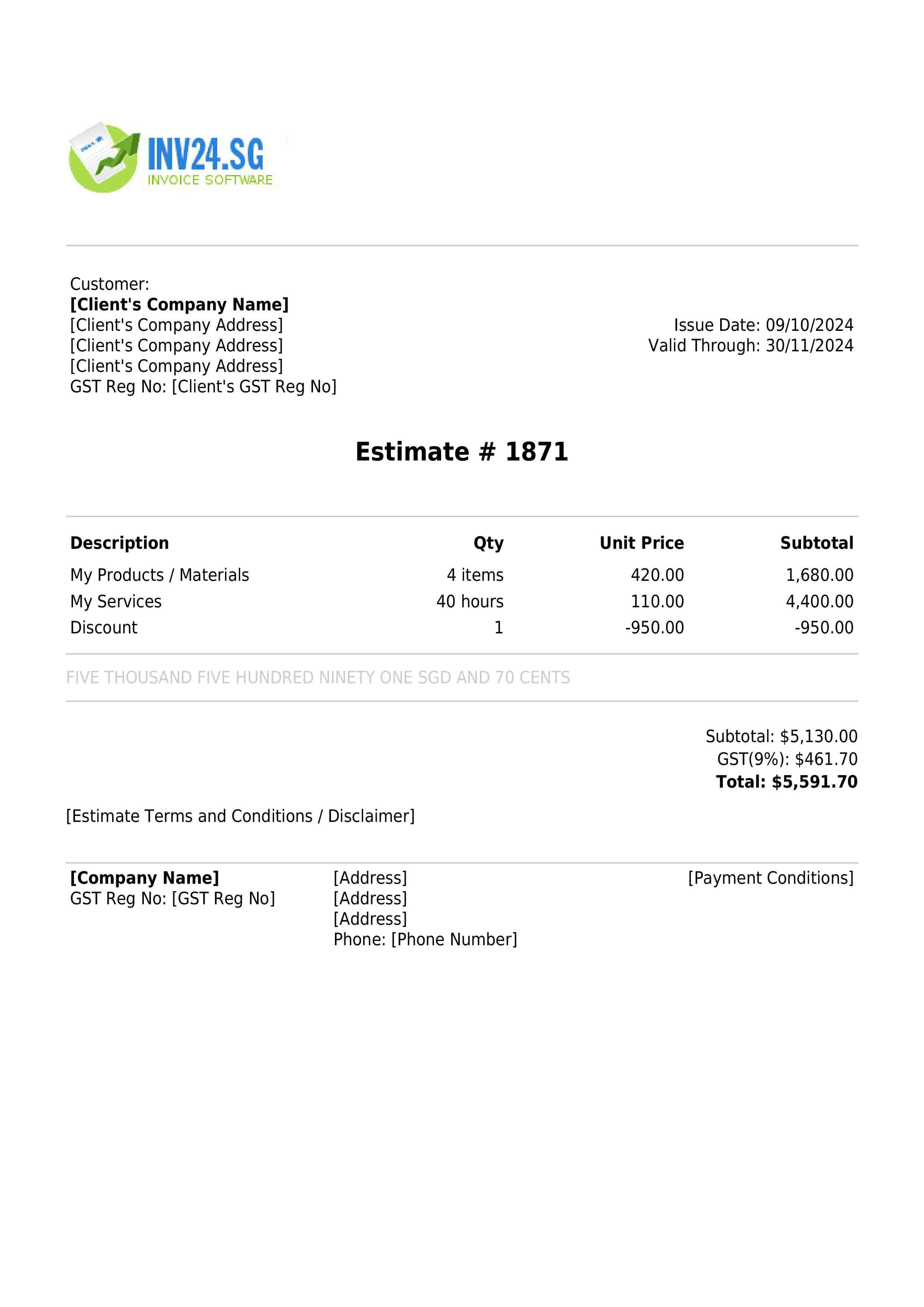 Estimate example for Singapore Estimate example for Singapore