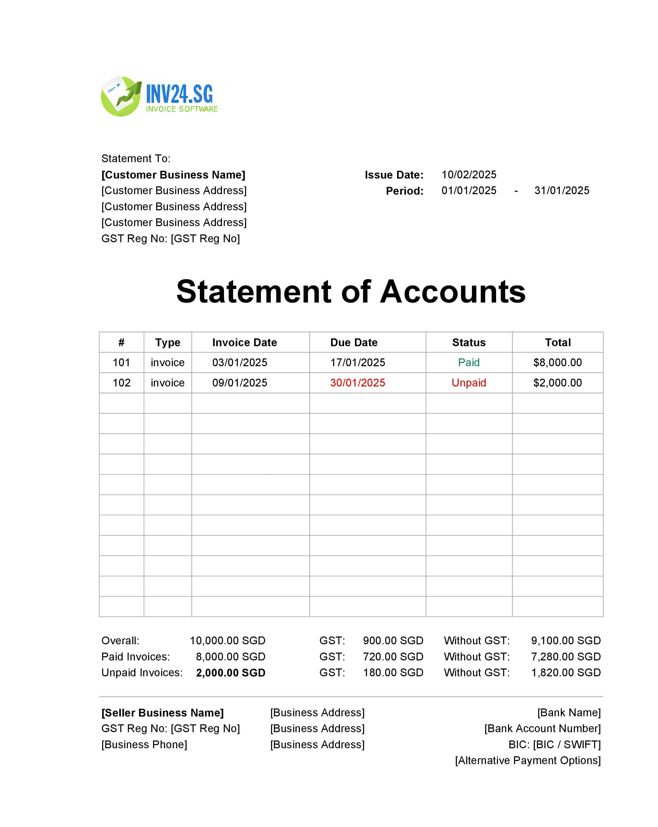 Monthly Statement of Accounts Template Singapore (Excel / Google Sheets)