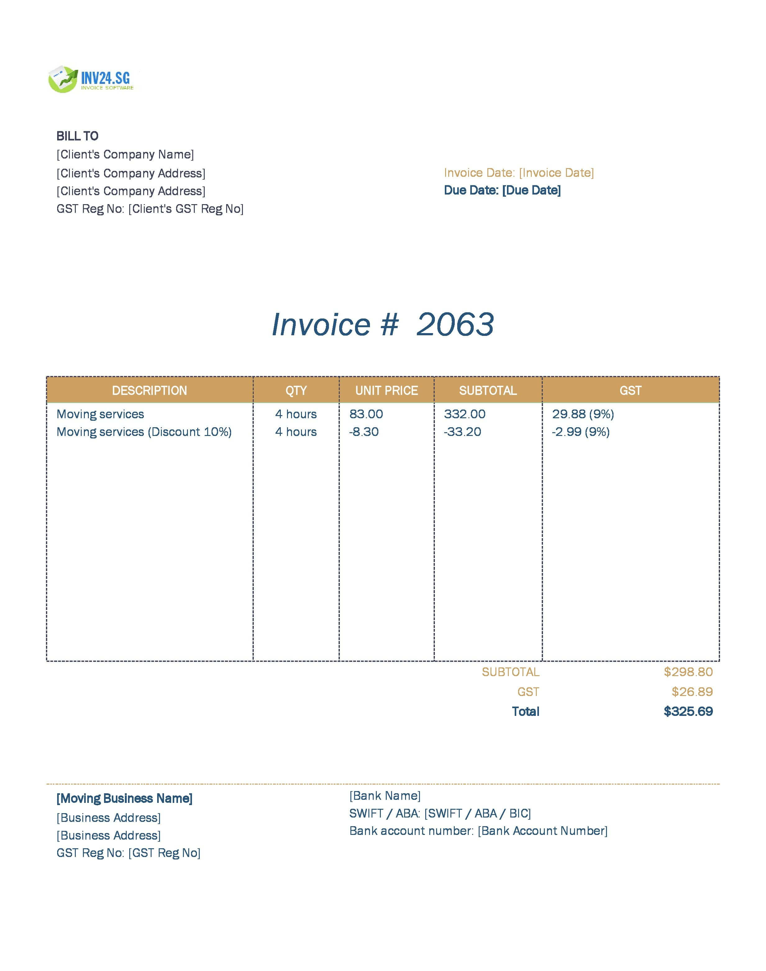 Moving Invoice Template for Singapore (Excel / Google Sheets)