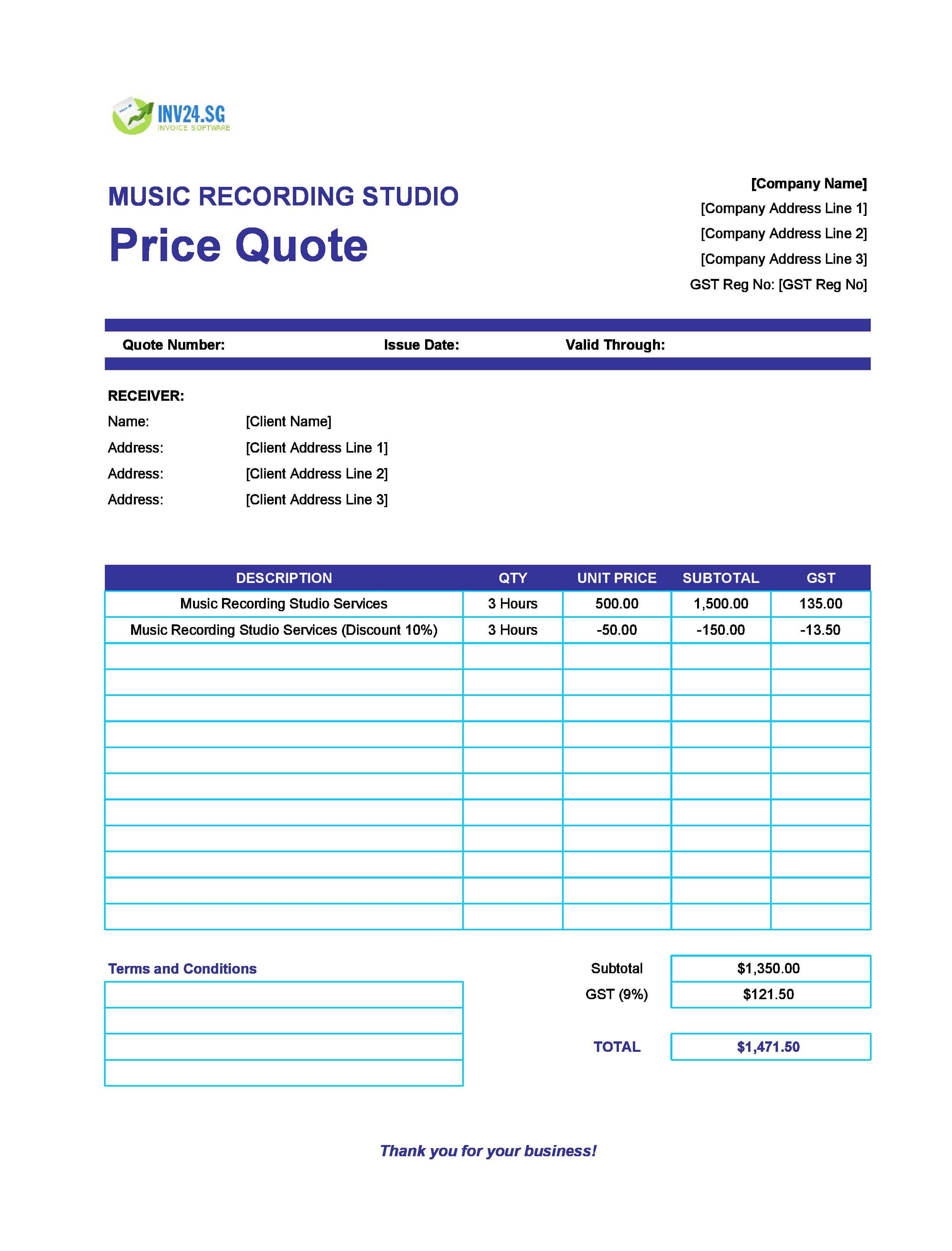 Music Recording Studio Quote Template for Singapore (Excel / Google Sheets)