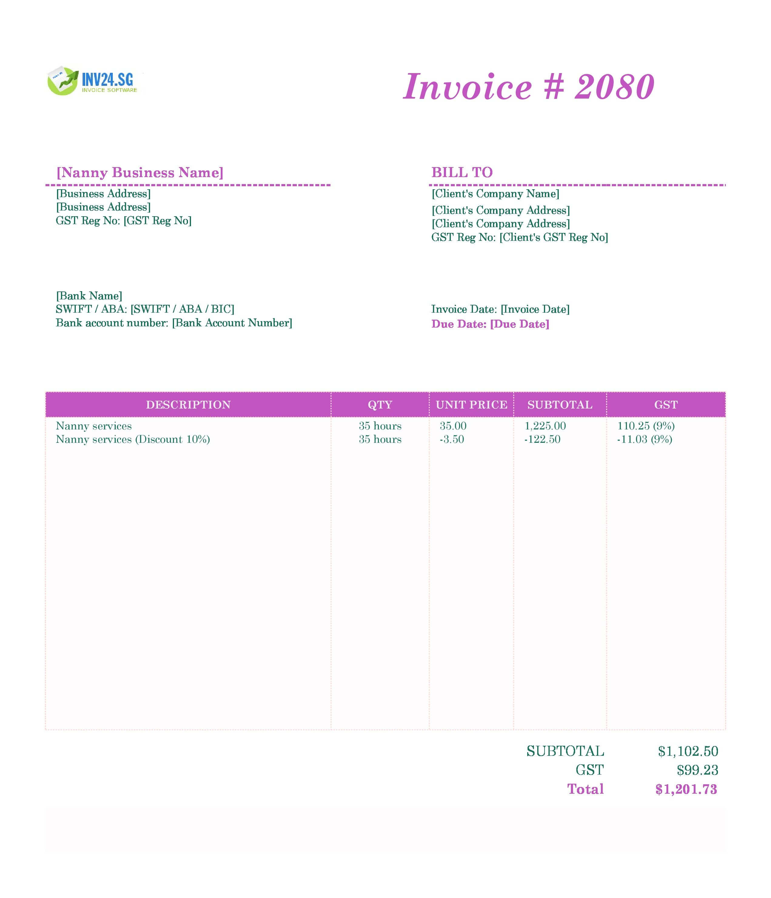 Nanny Invoice Template for Singapore (Excel / Google Sheets)