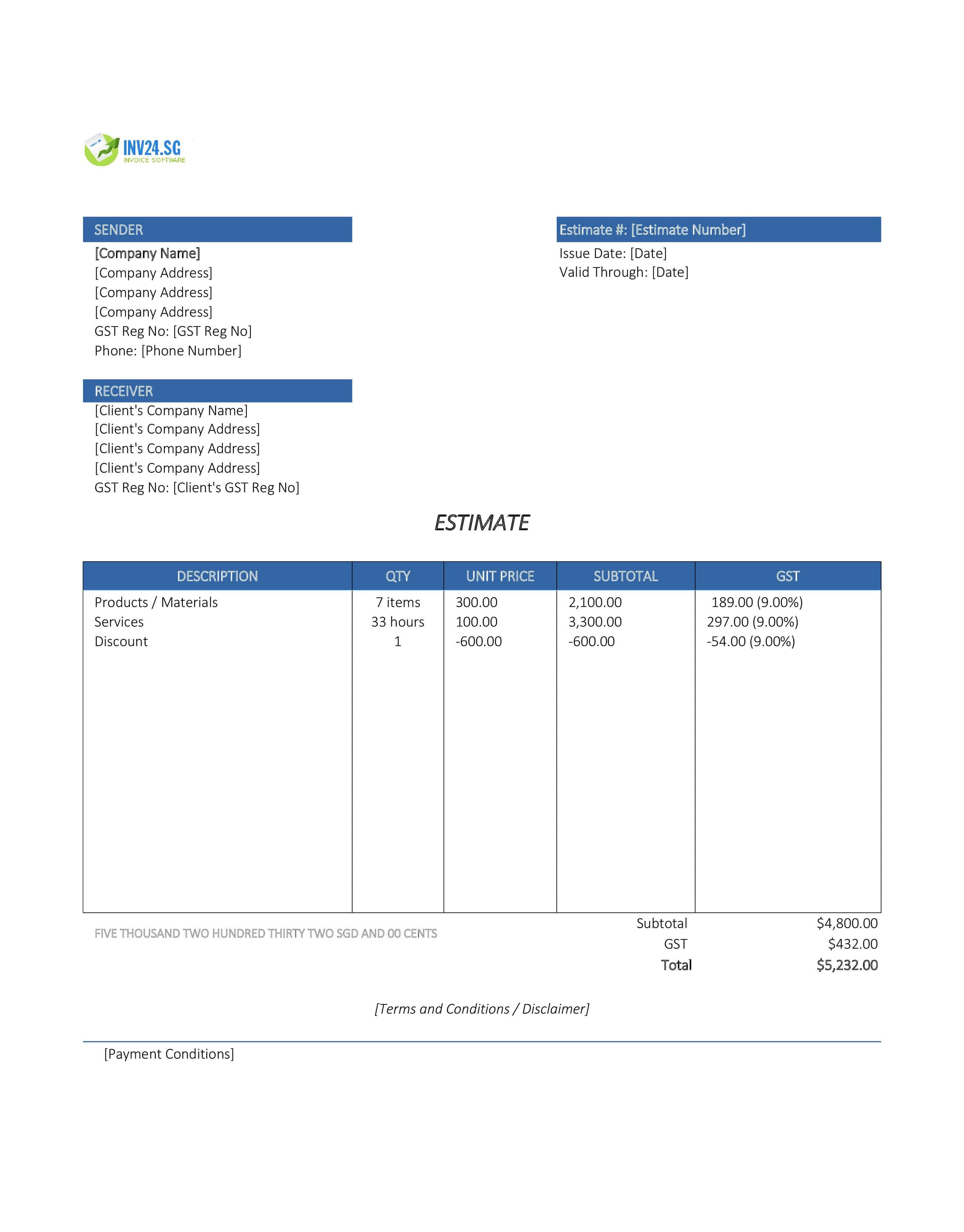 Online Estimate Template for Singapore (Excel / Google Sheets)