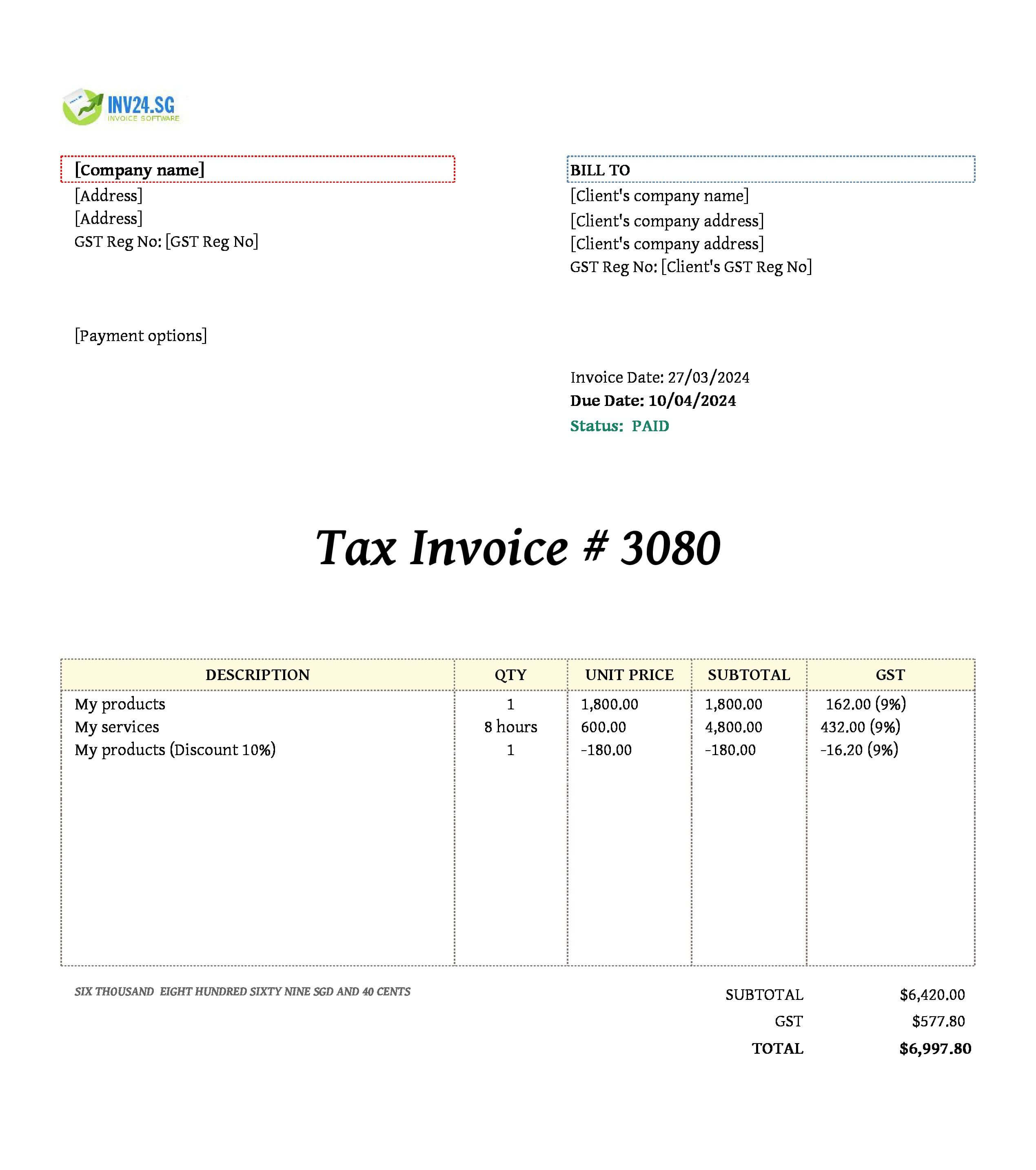 paid invoice template Singapore