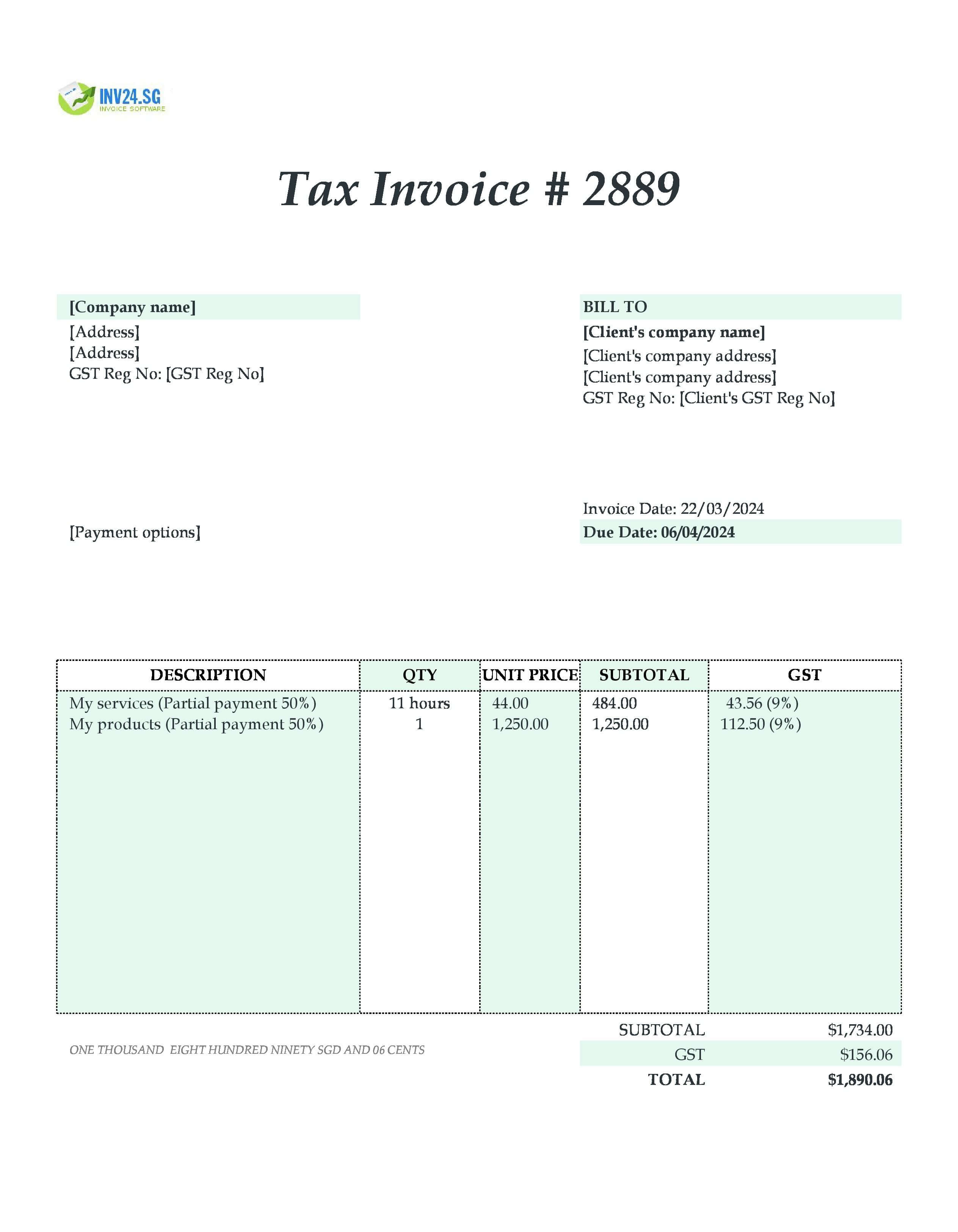 partial payment invoice sample