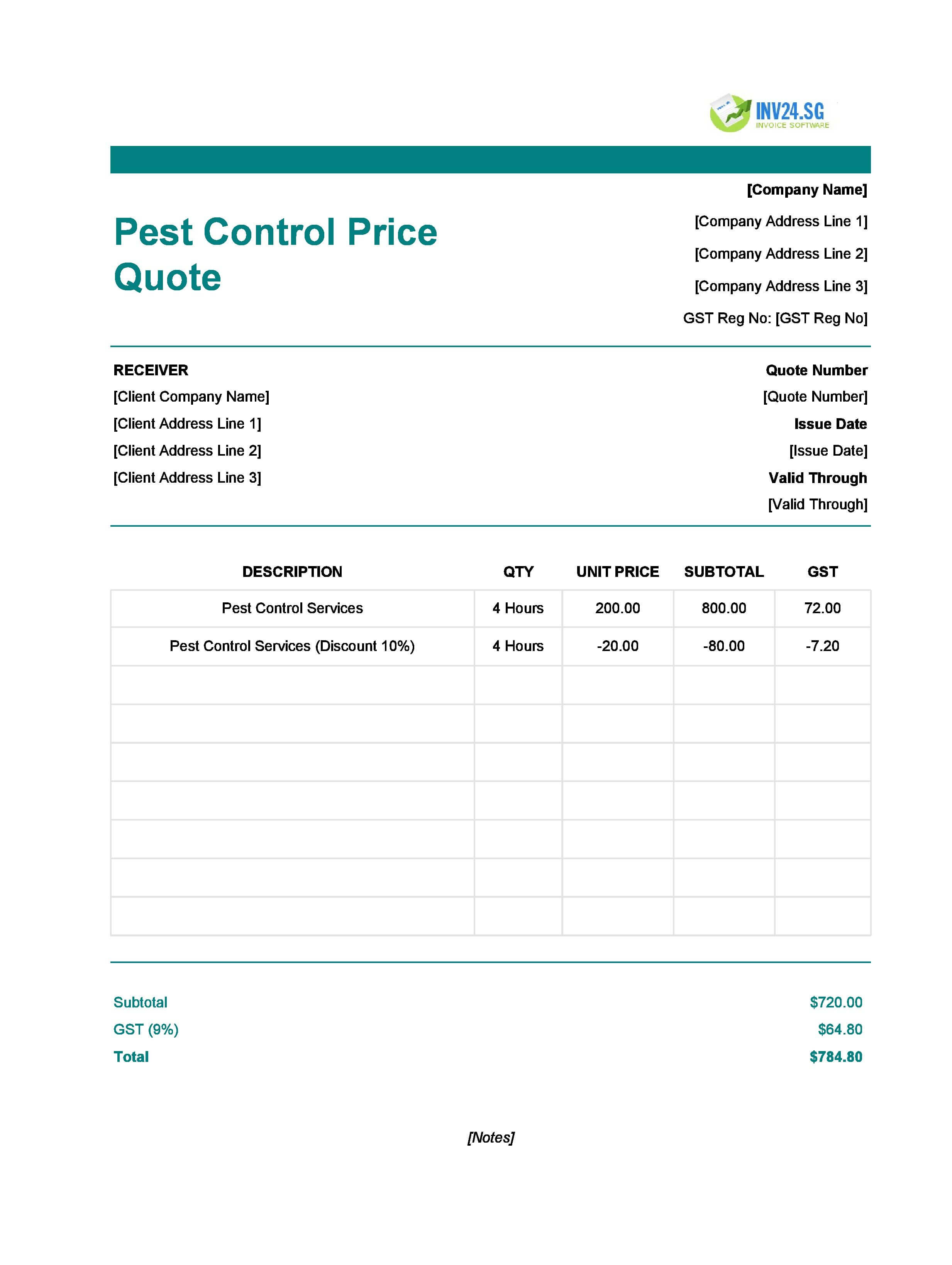 Pest Control Quote Template for Singapore (Excel / Google Sheets)