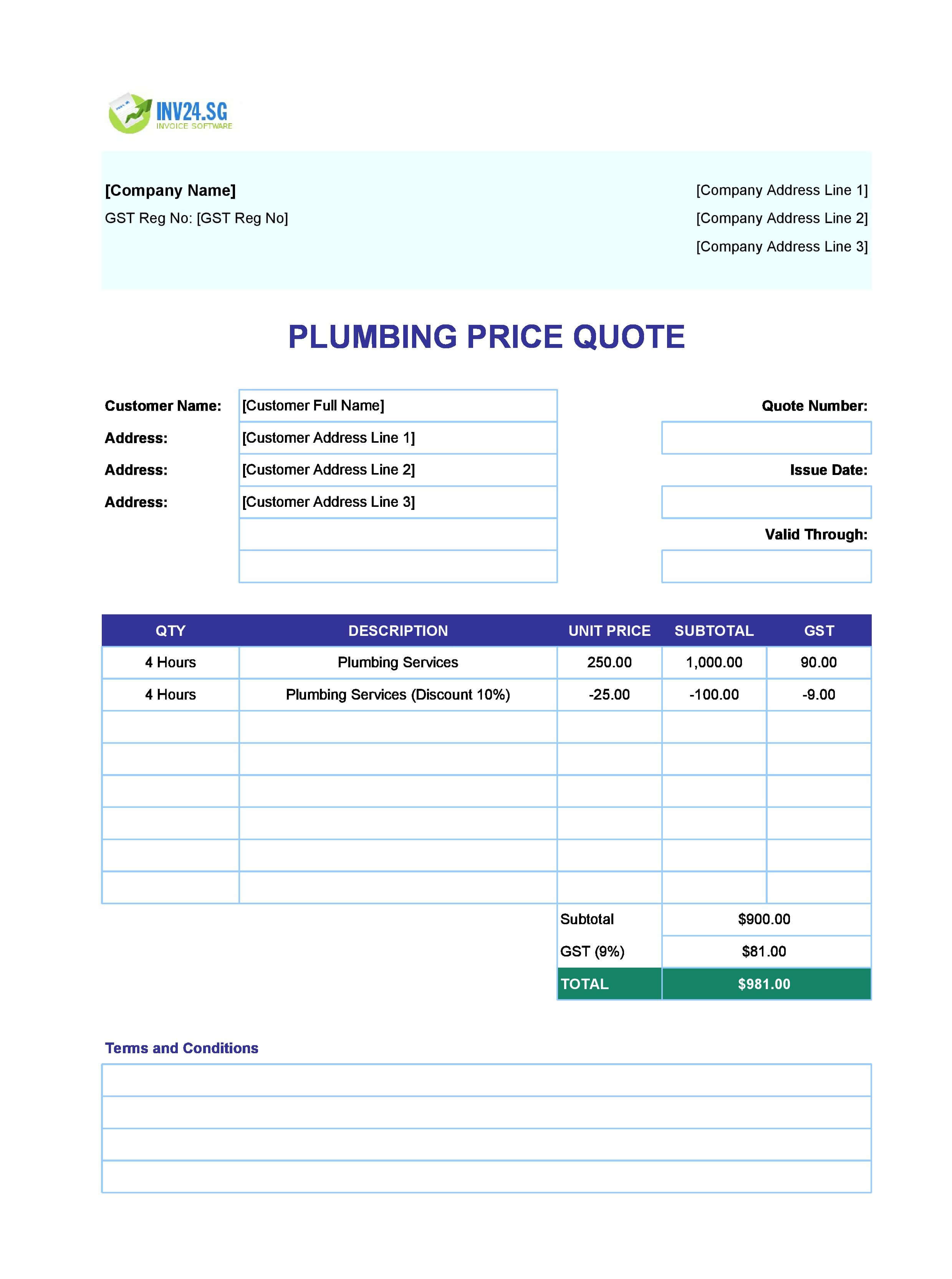 Plumbing Quote Template for Singapore (Excel / Google Sheets)