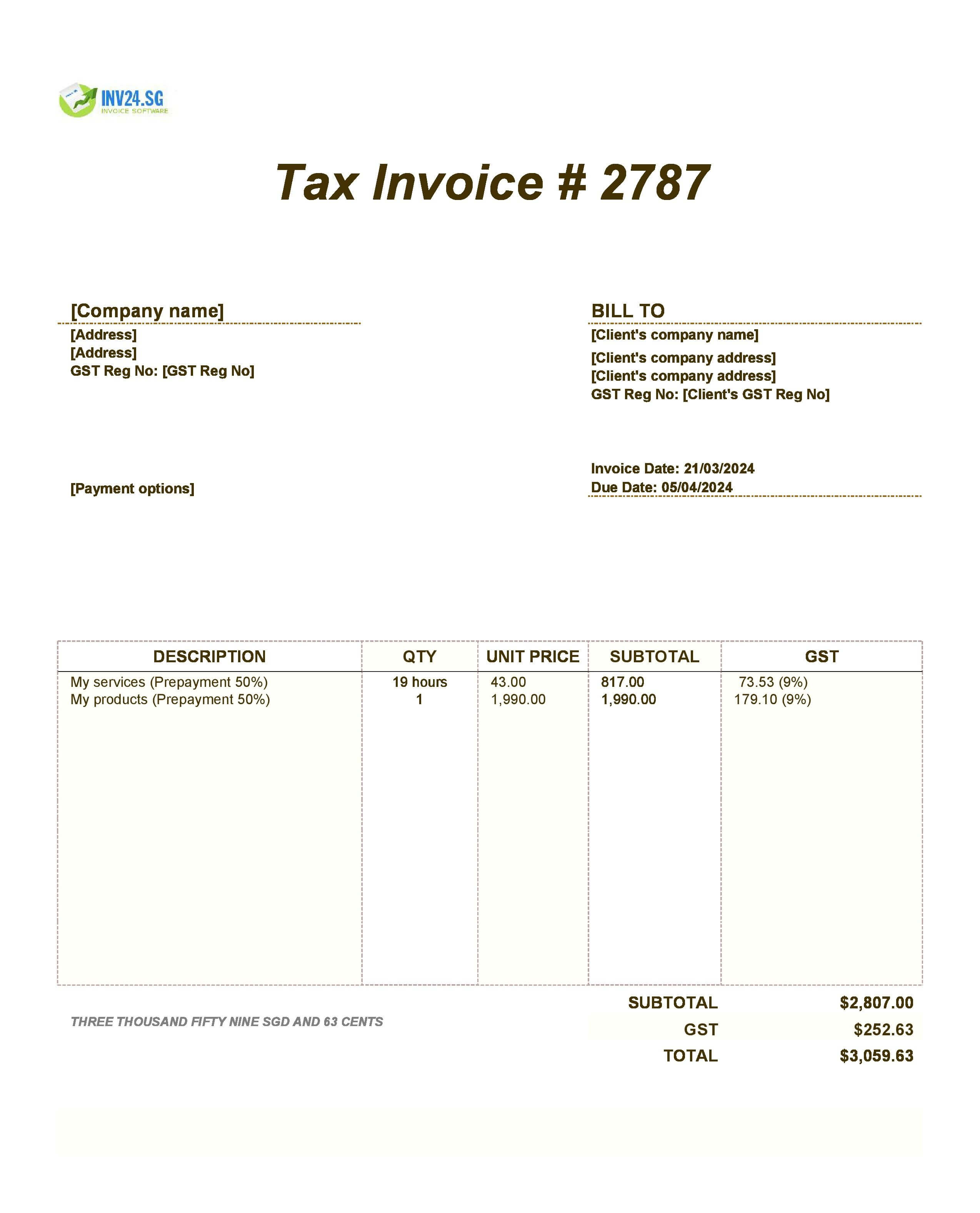 prepayment invoice template Singapore