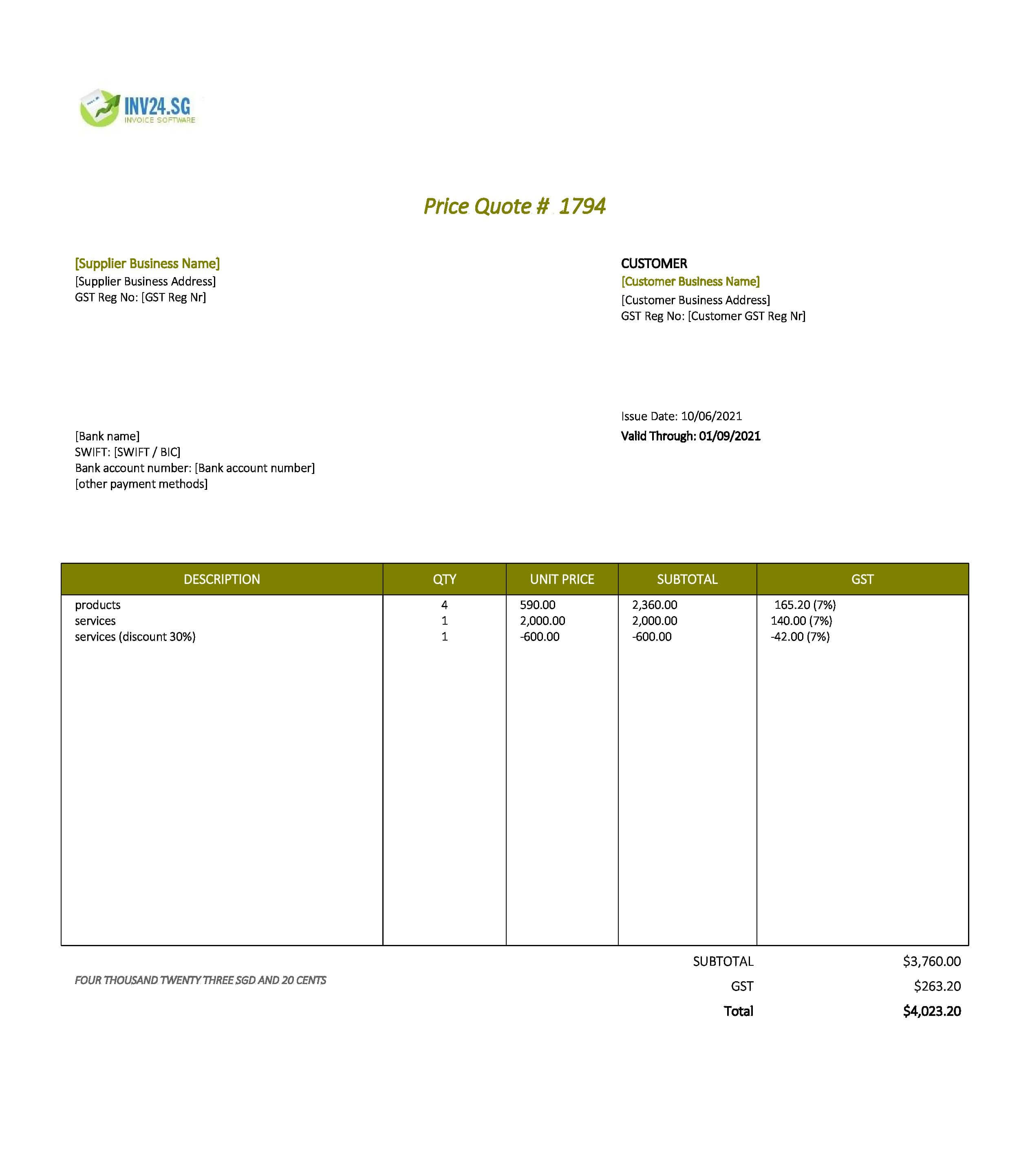 price quotation template singapore