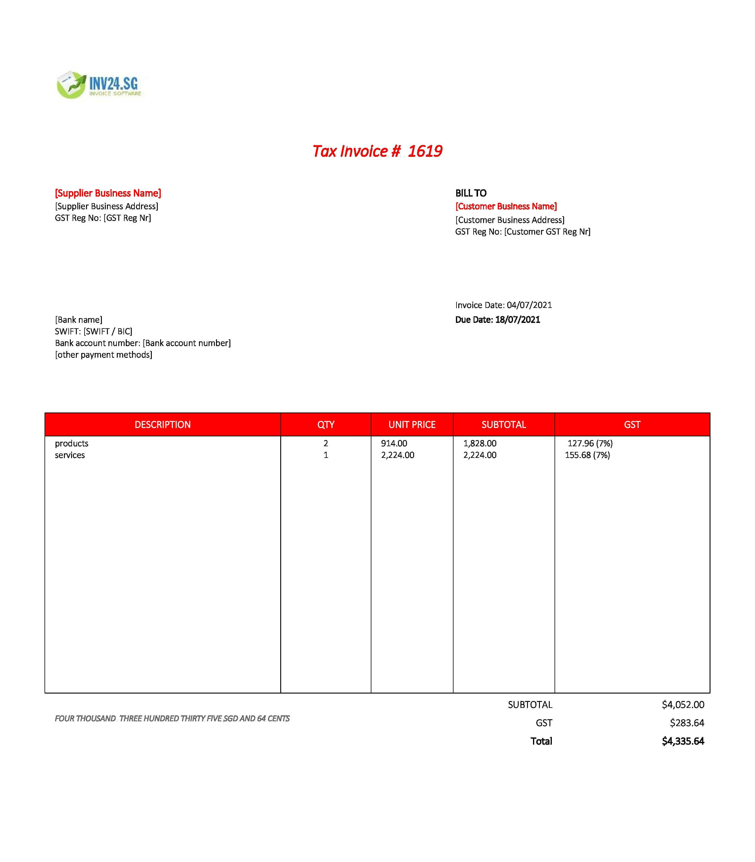 professional invoice template singapore