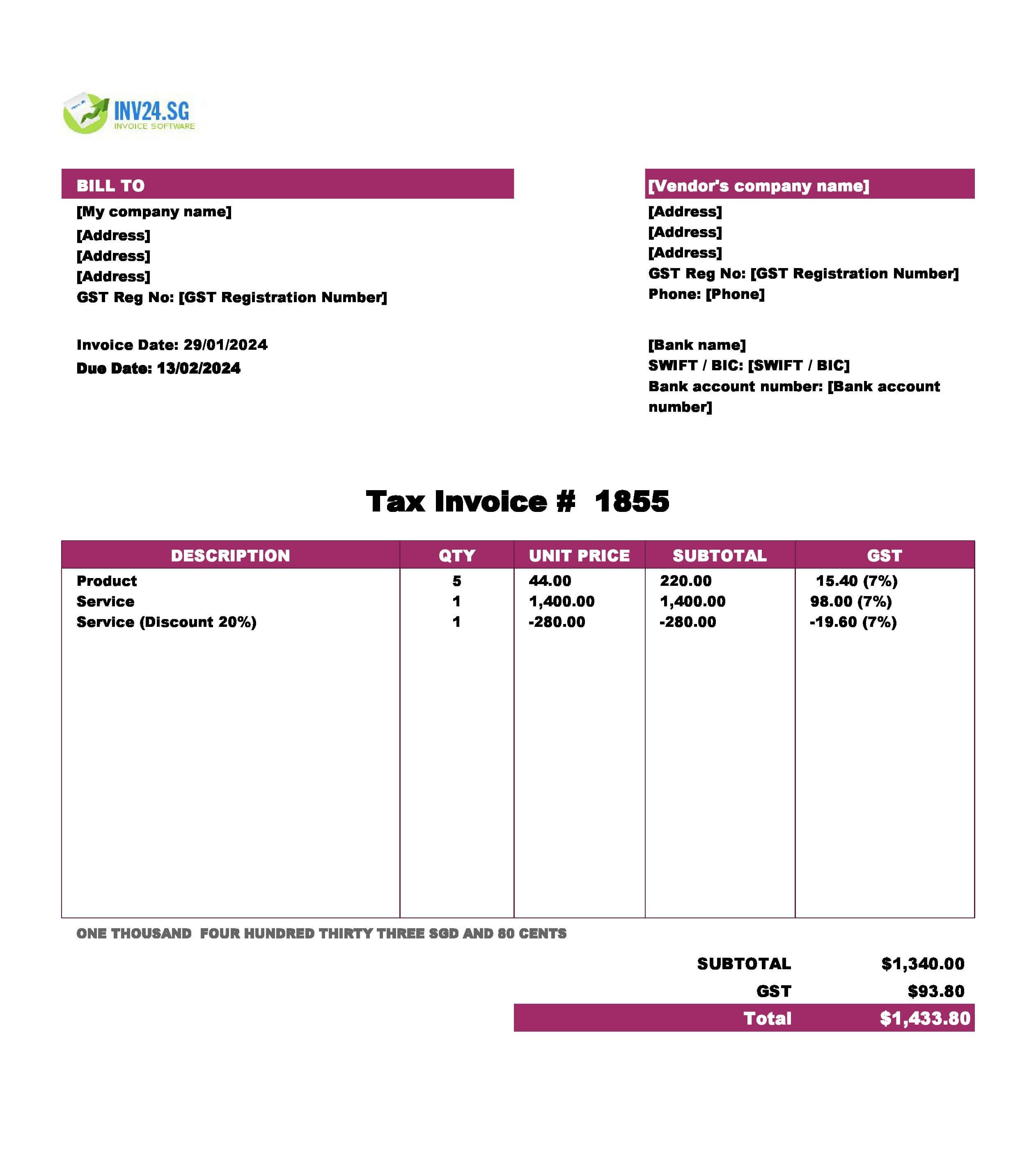 Purchase Invoice Template Singapore (Excel / Google Sheets) Purchase Invoice Template Singapore (Excel / Google Sheets)