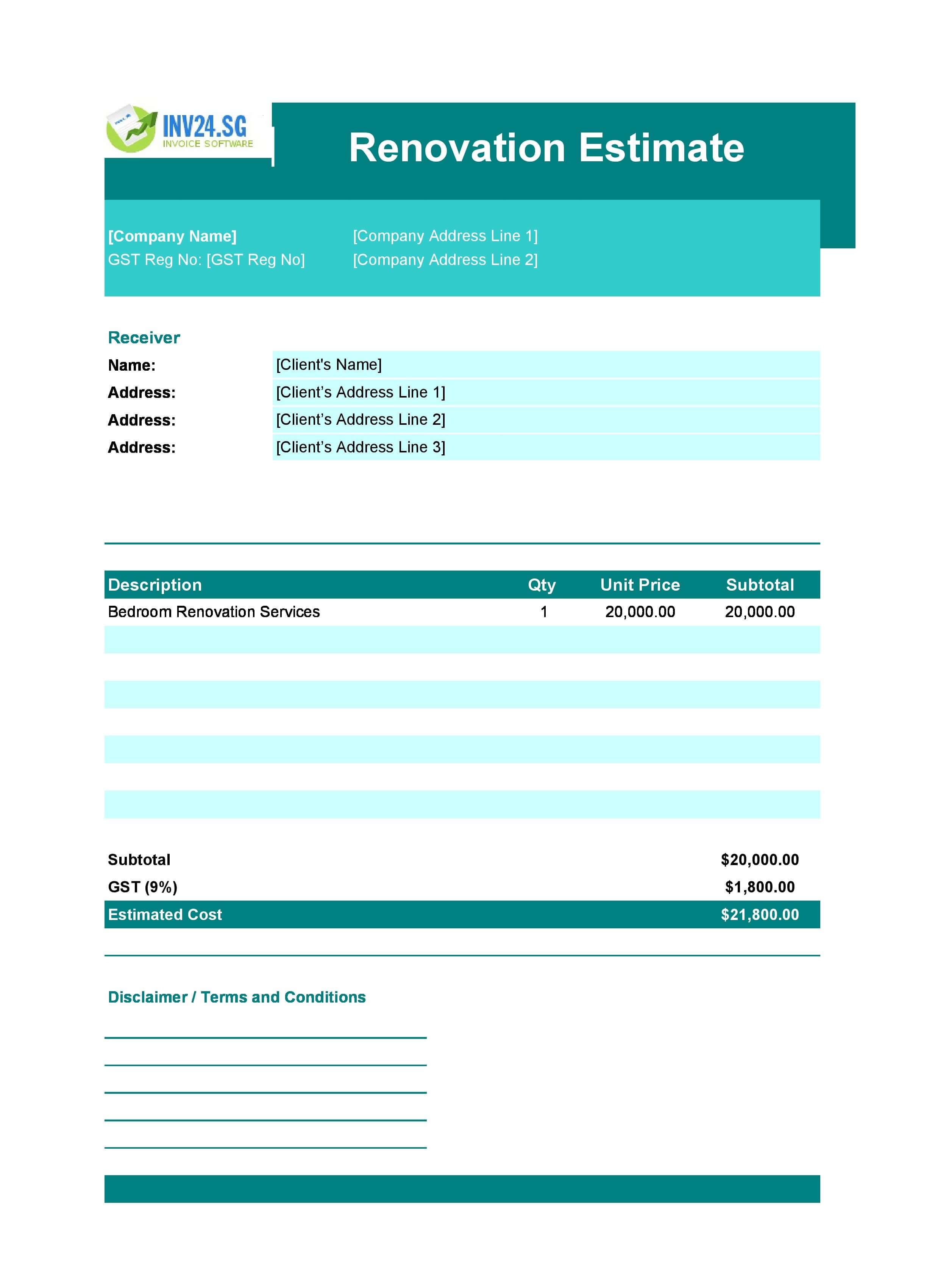 Renovation Estimate Template for Singapore (Excel / Google Sheets)