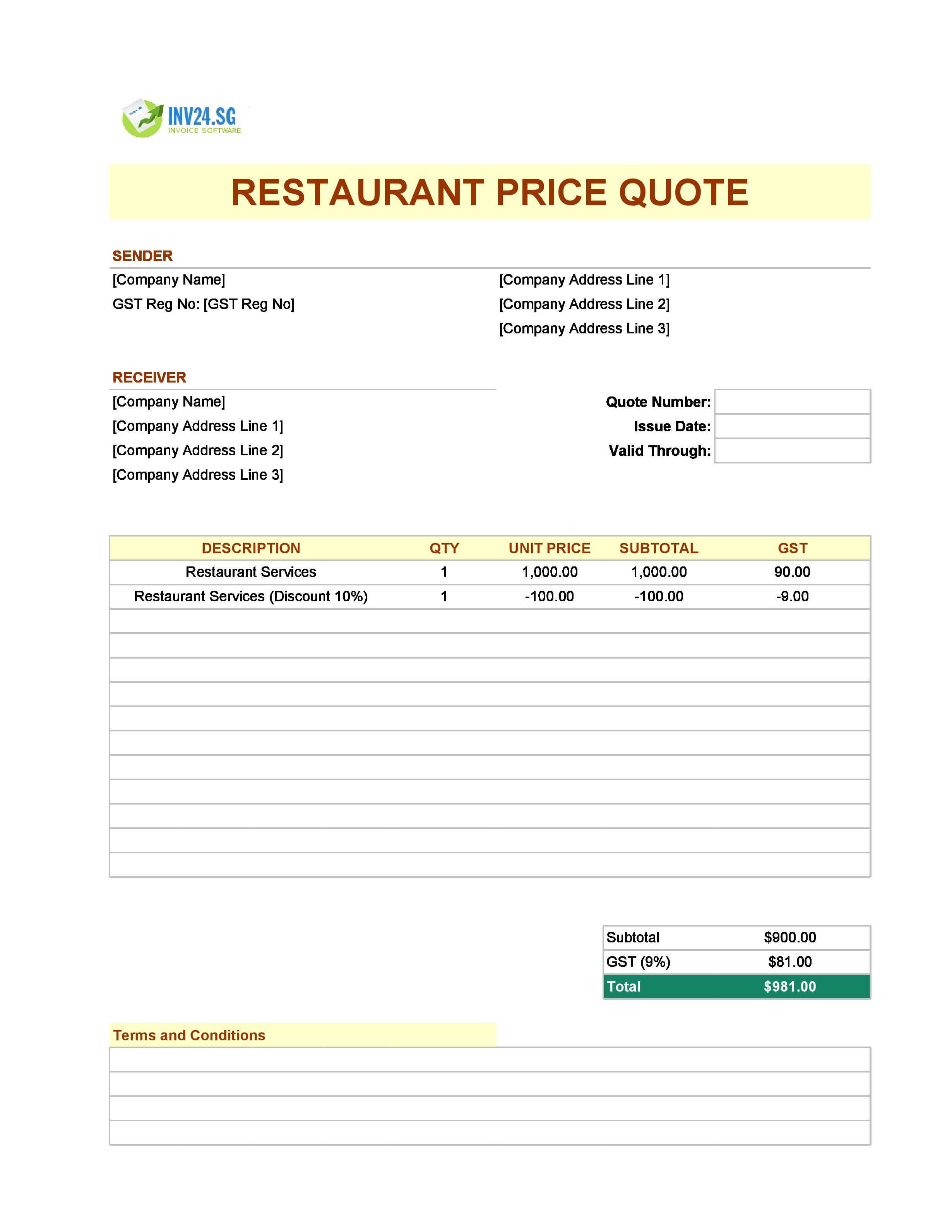 Restaurant Quote Template for Singapore (Excel / Google Sheets)