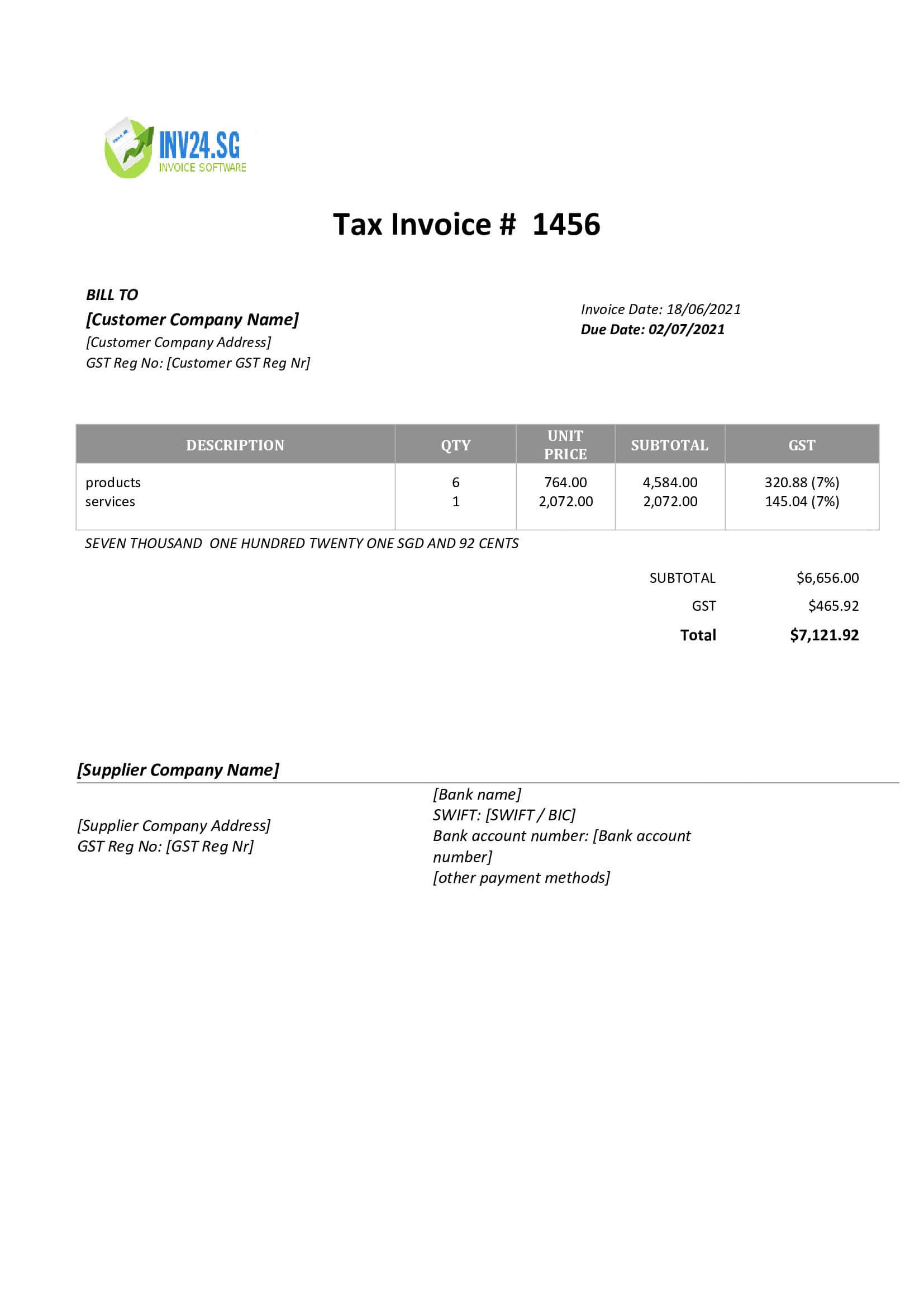sample of invoice for payment singapore