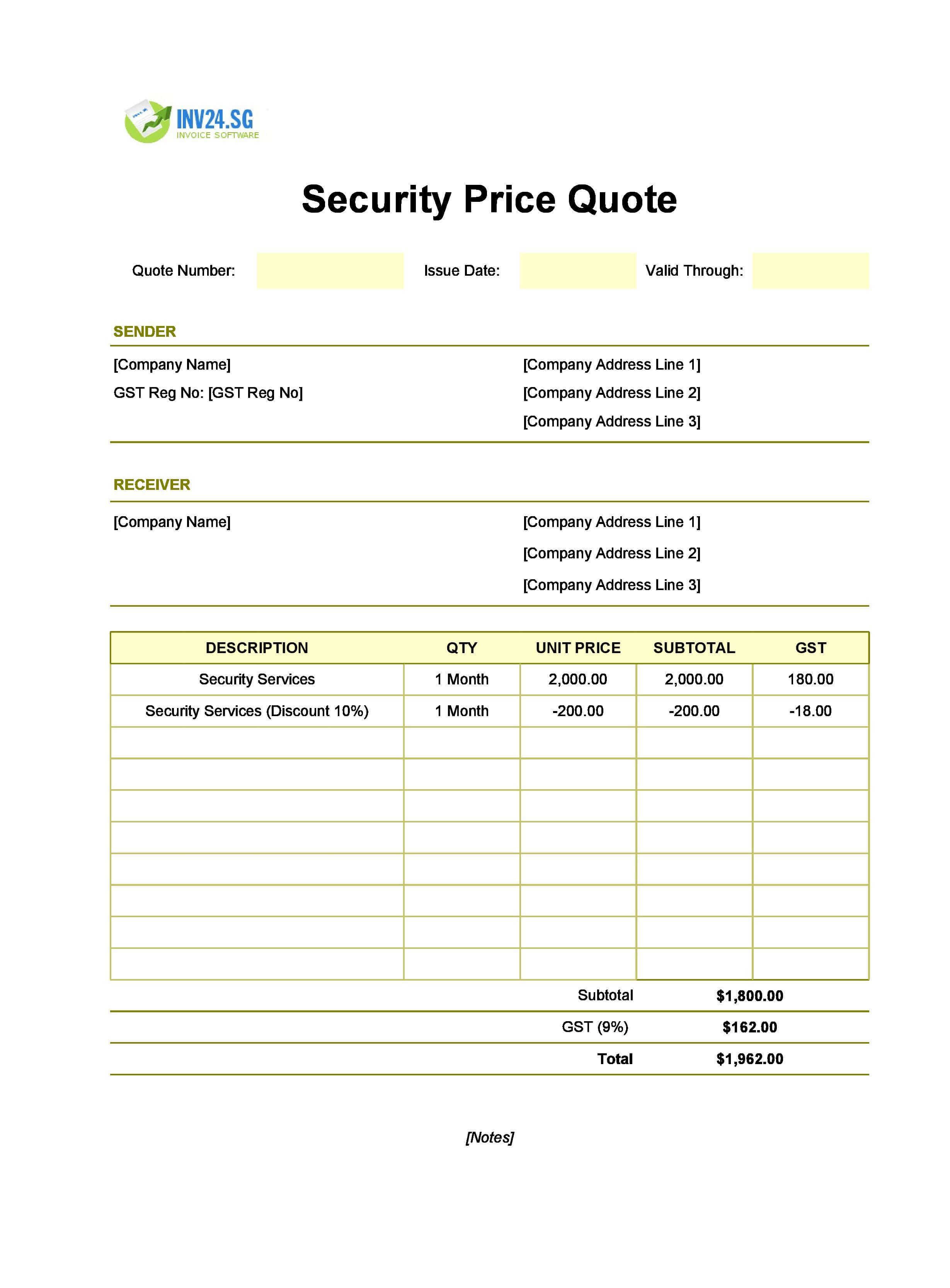 Security Quote Template for Singapore (Excel / Google Sheets) Security Quote Template for Singapore (Excel / Google Sheets)