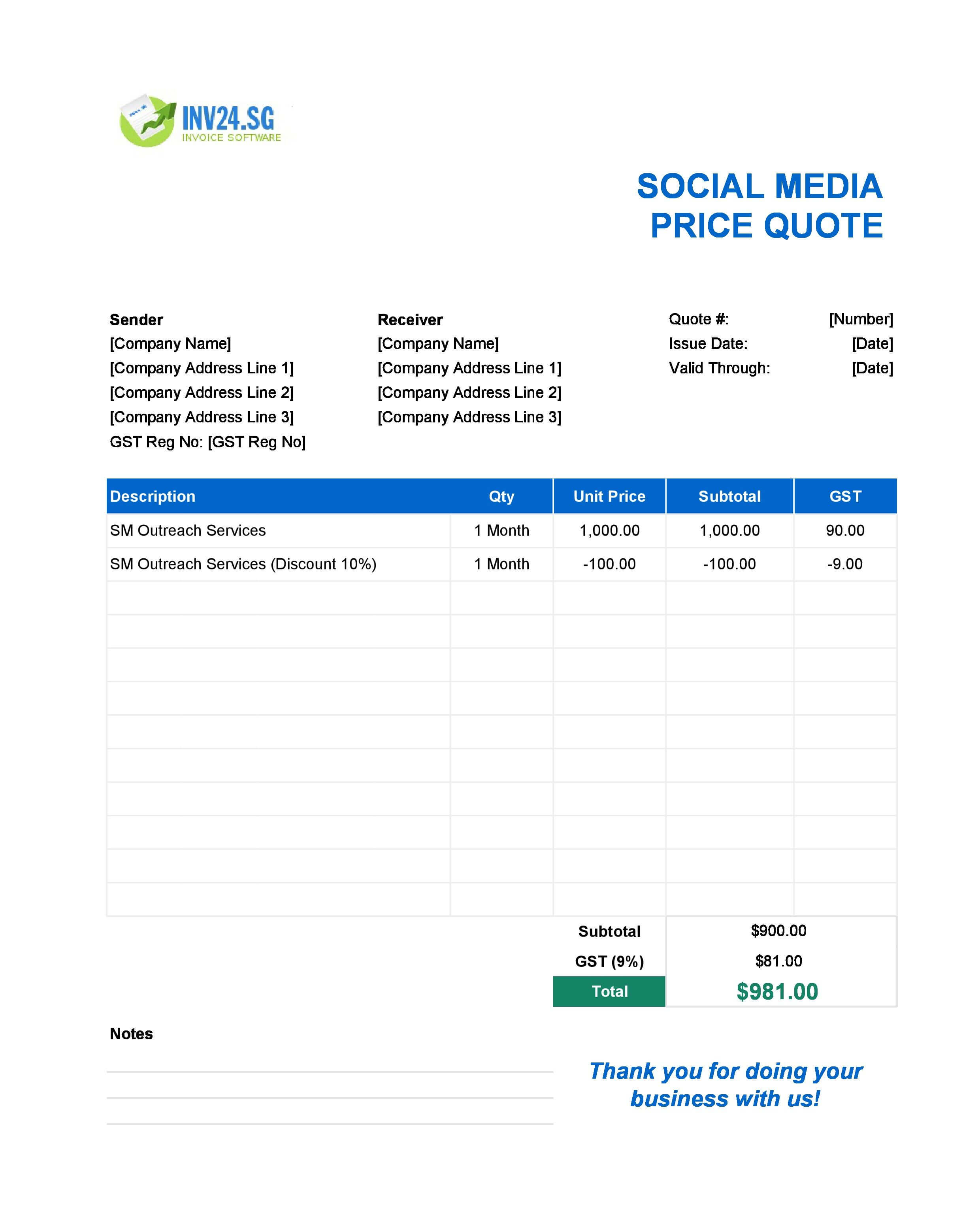 Social Media Quote Template for Singapore (Excel / Google Sheets)