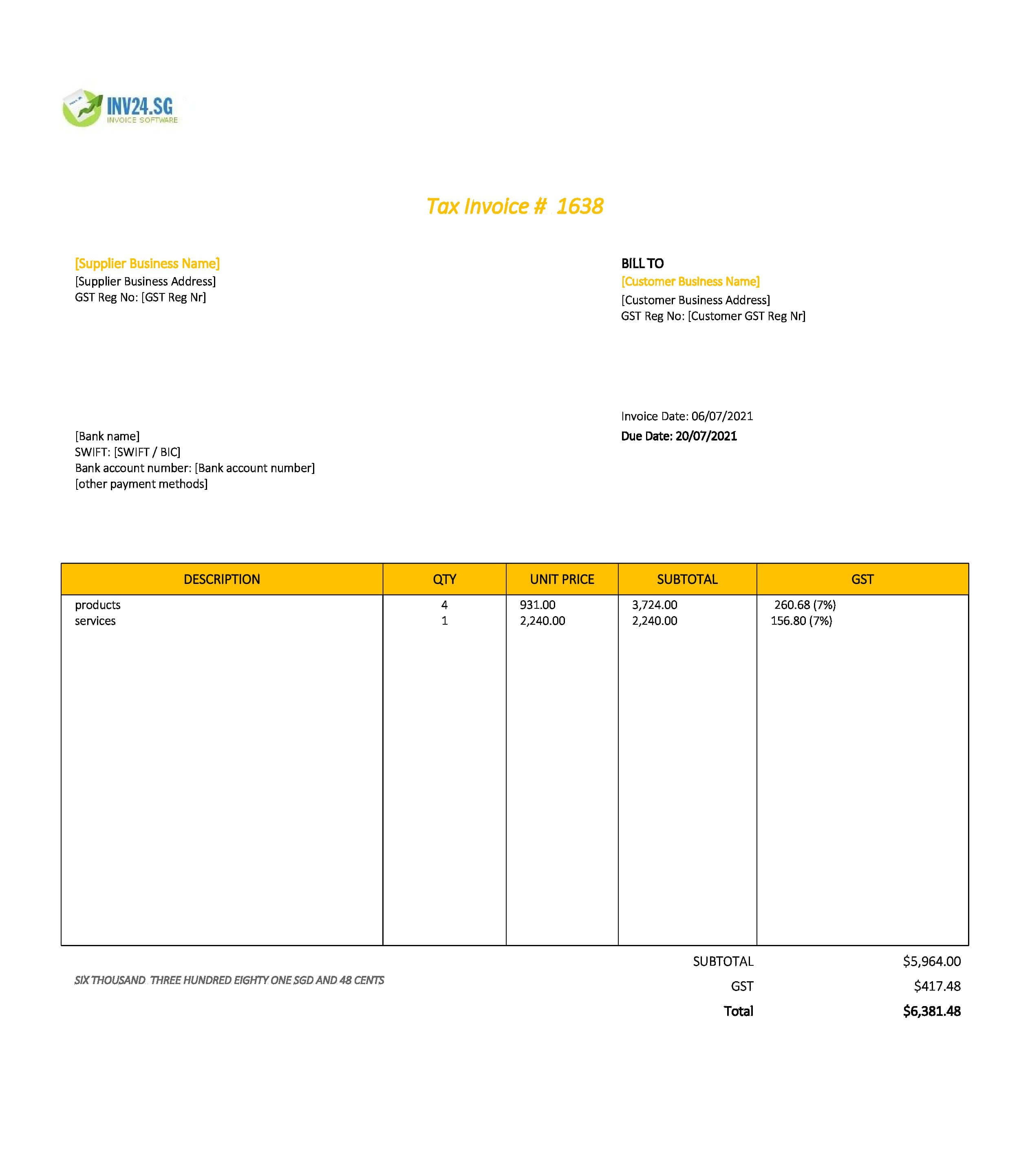 standard invoice template singapore