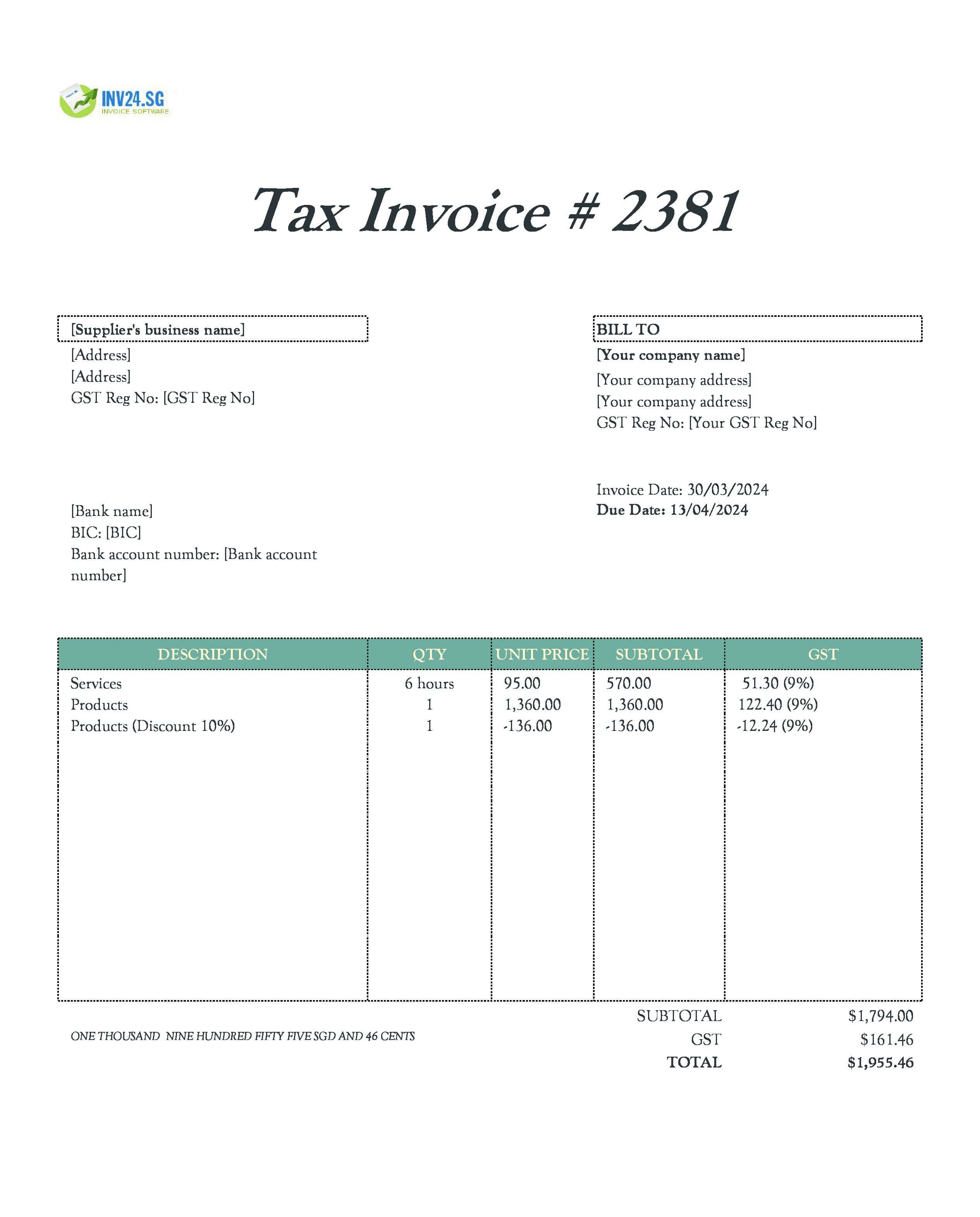 Supplier Invoice Template Singapore (Excel / Google Sheets) Supplier Invoice Template Singapore (Excel / Google Sheets)