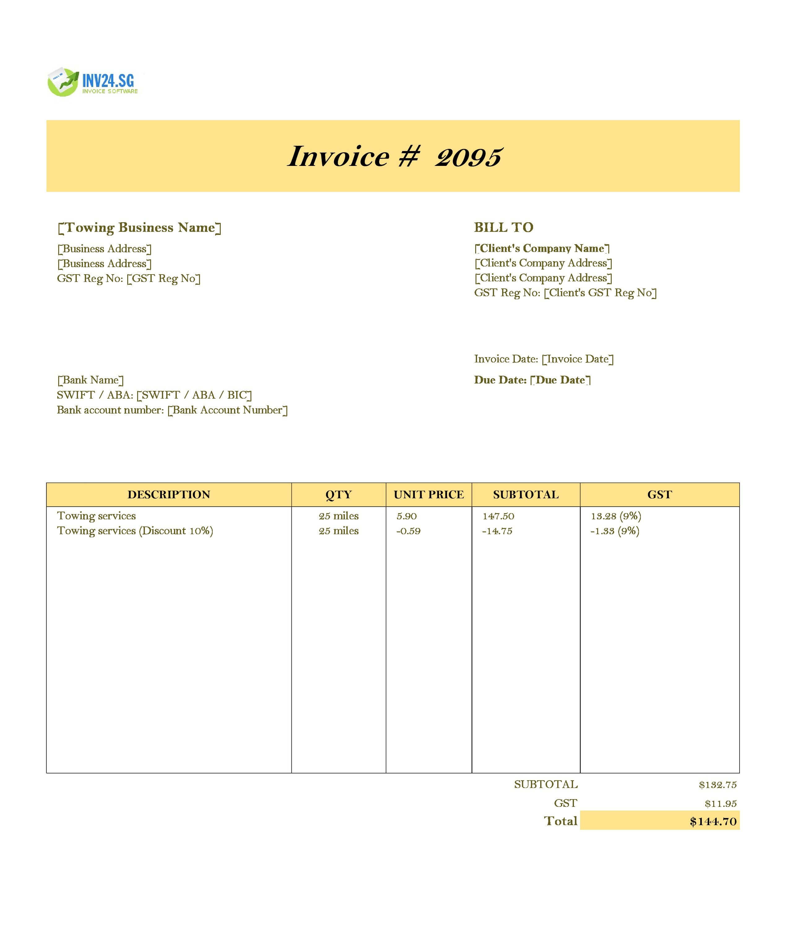 Towing Invoice Template for Singapore (Excel / Google Sheets) Towing Invoice Template for Singapore (Excel / Google Sheets)