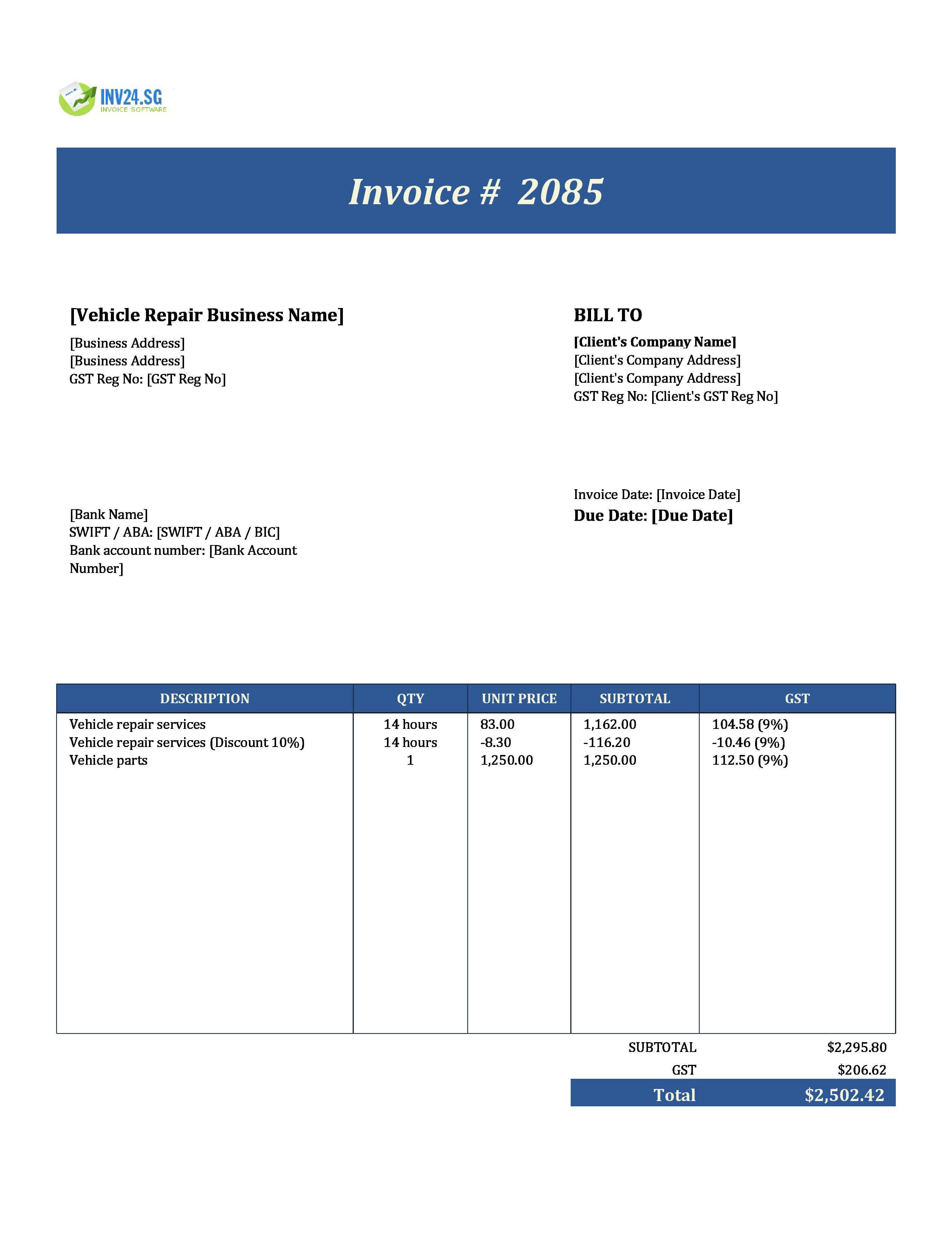 Vehicle Repair Invoice Template for Singapore (Excel / Google Sheets) Vehicle Repair Invoice Template for Singapore (Excel / Google Sheets)