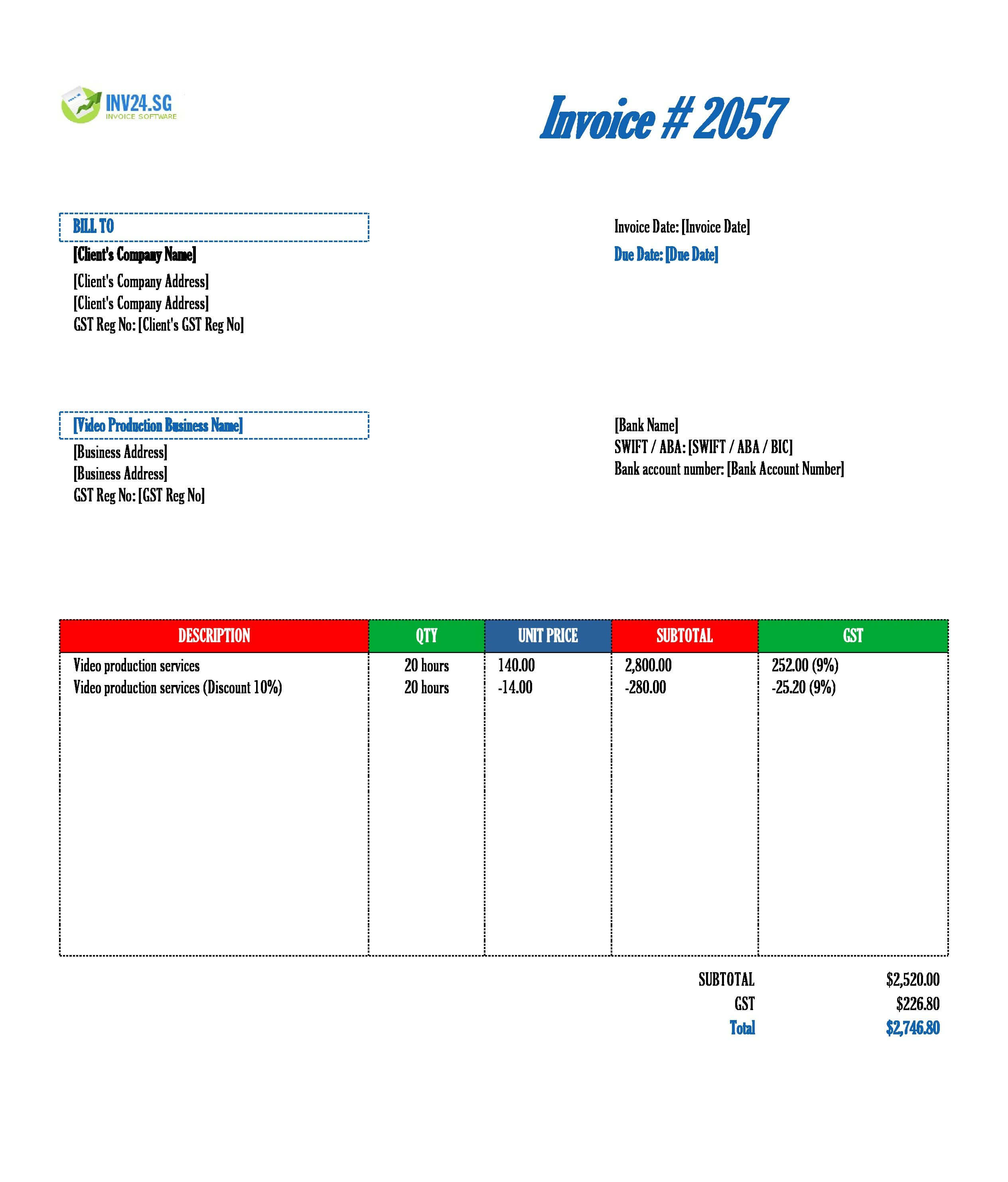 Video Production Invoice Template for Singapore (Excel / Google Sheets) Video Production Invoice Template for Singapore (Excel / Google Sheets)