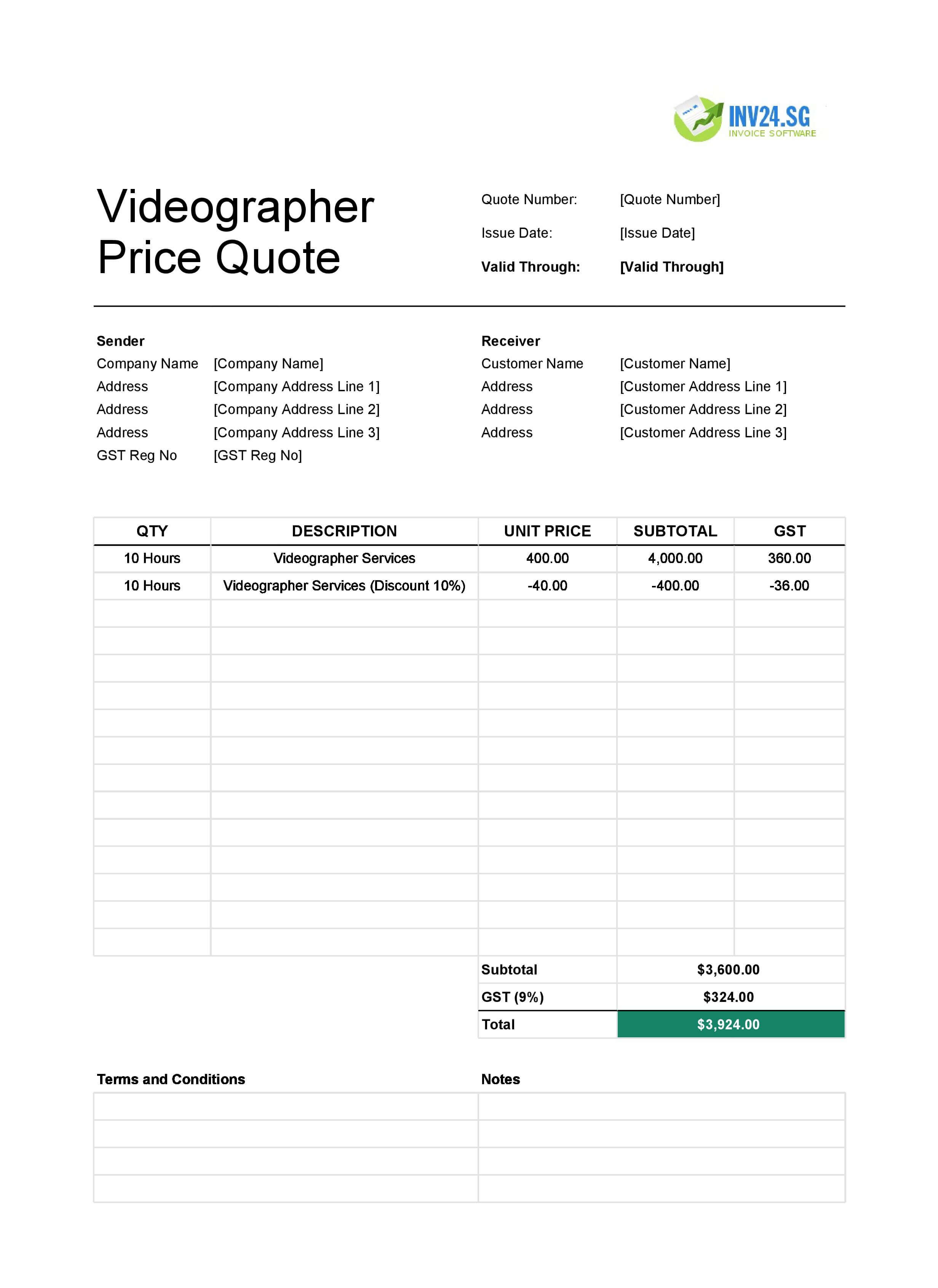 Videographer Quote Template for Singapore (Excel / Google Sheets)