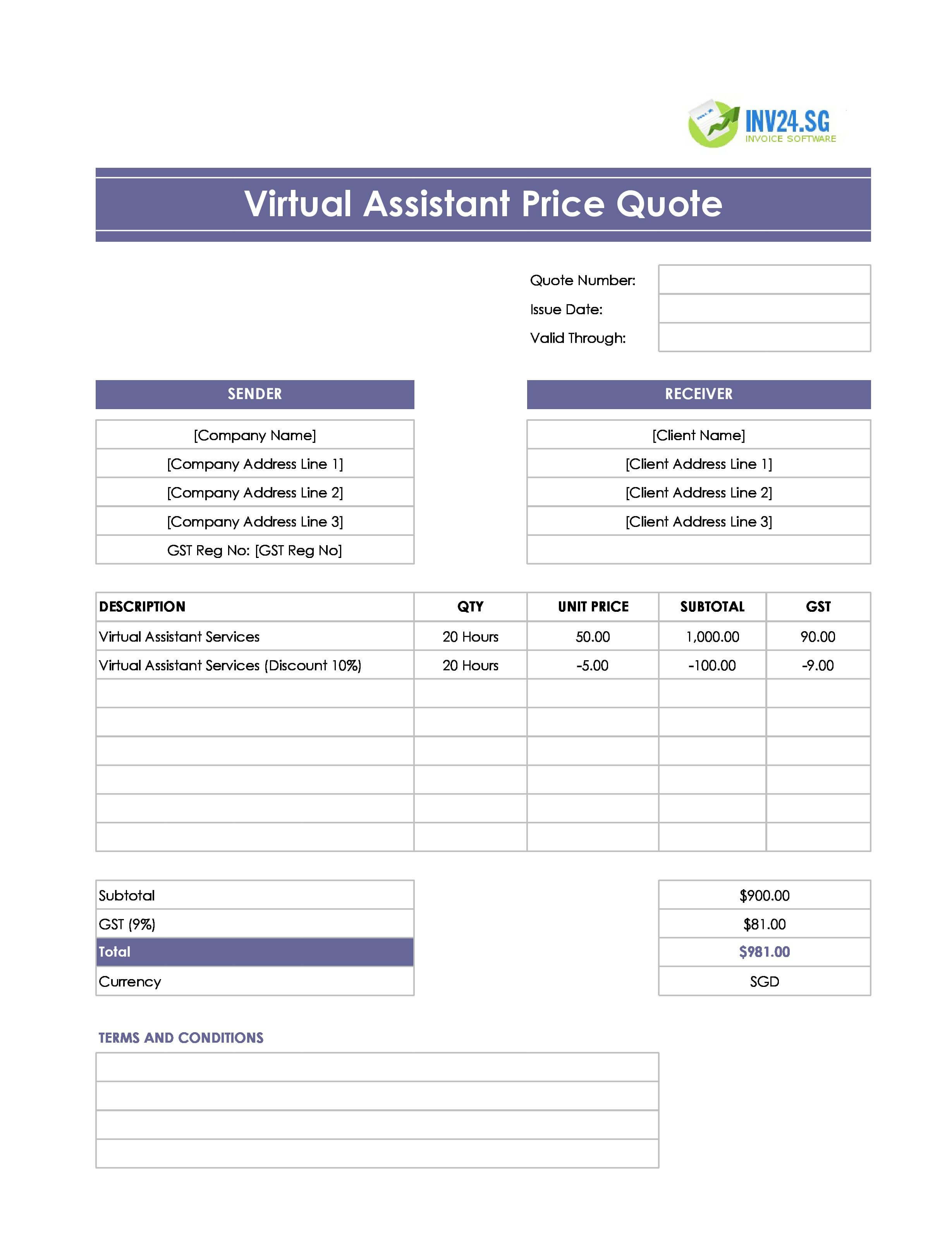 Virtual Assistant Quote Template for Singapore (Excel / Google Sheets)