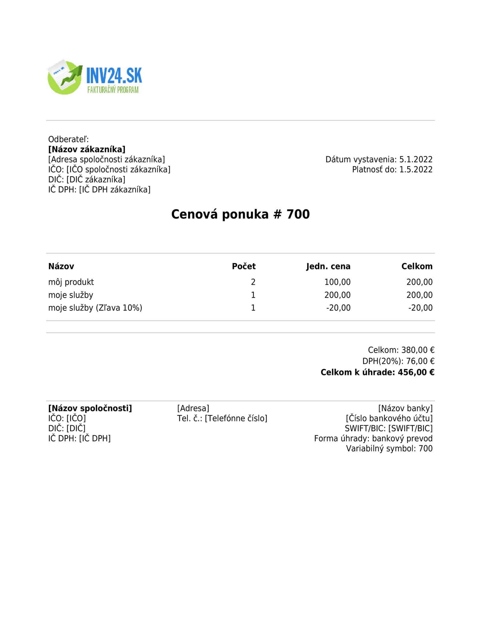 Vystavenie cenovej ponuky online zadarmo (PDF)