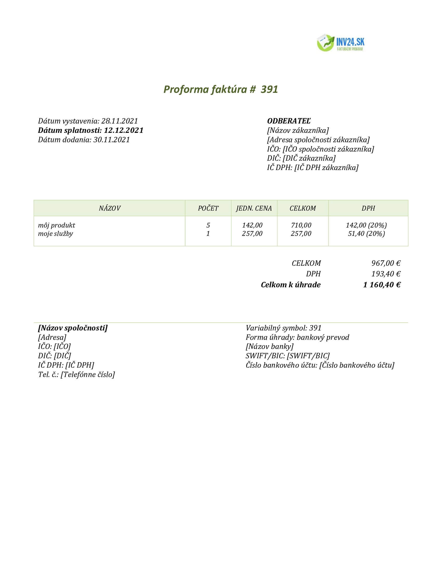 proforma faktúra vzor Slovensko