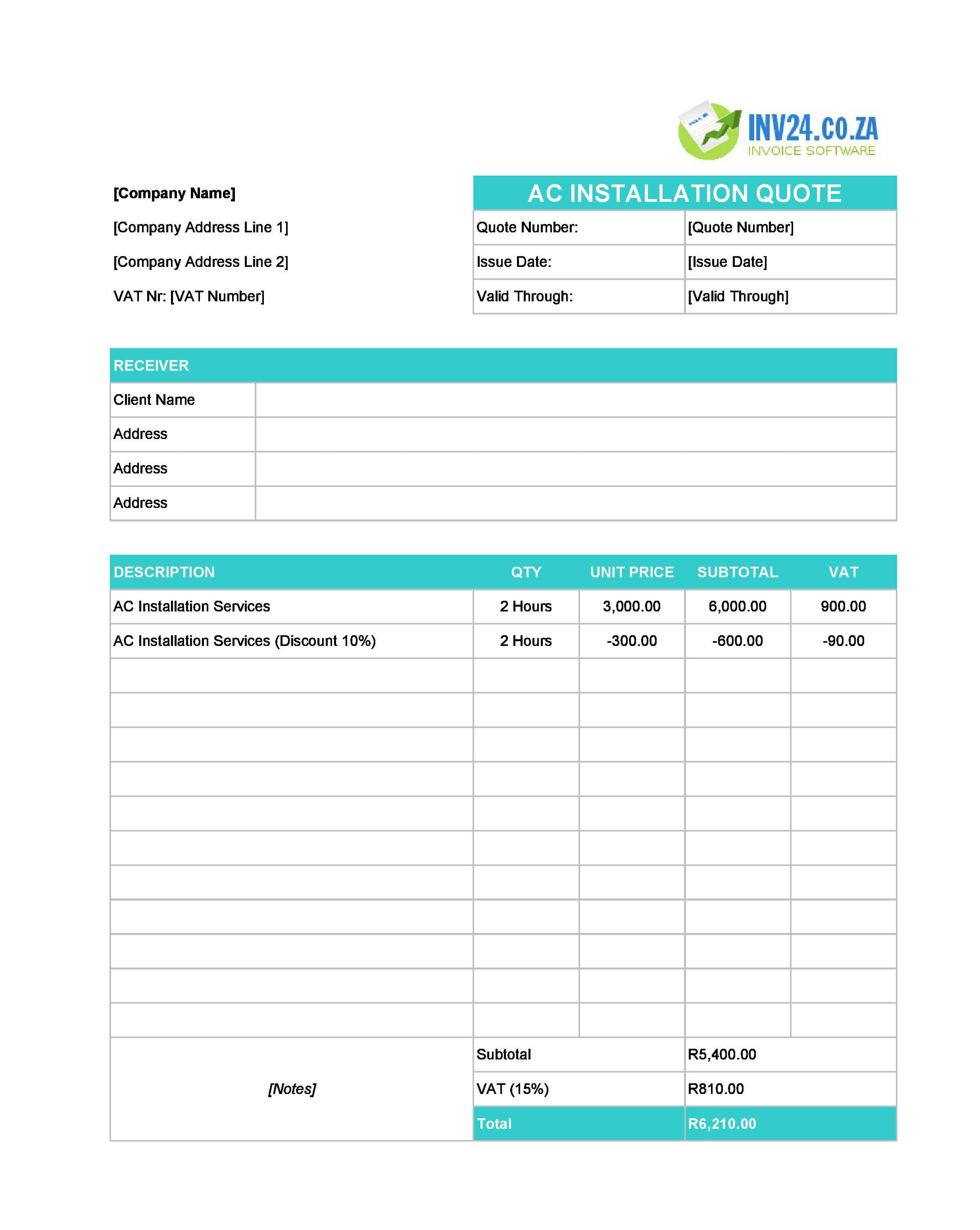 AC Installation Quote Template for South Africa (Excel / Google Sheets)