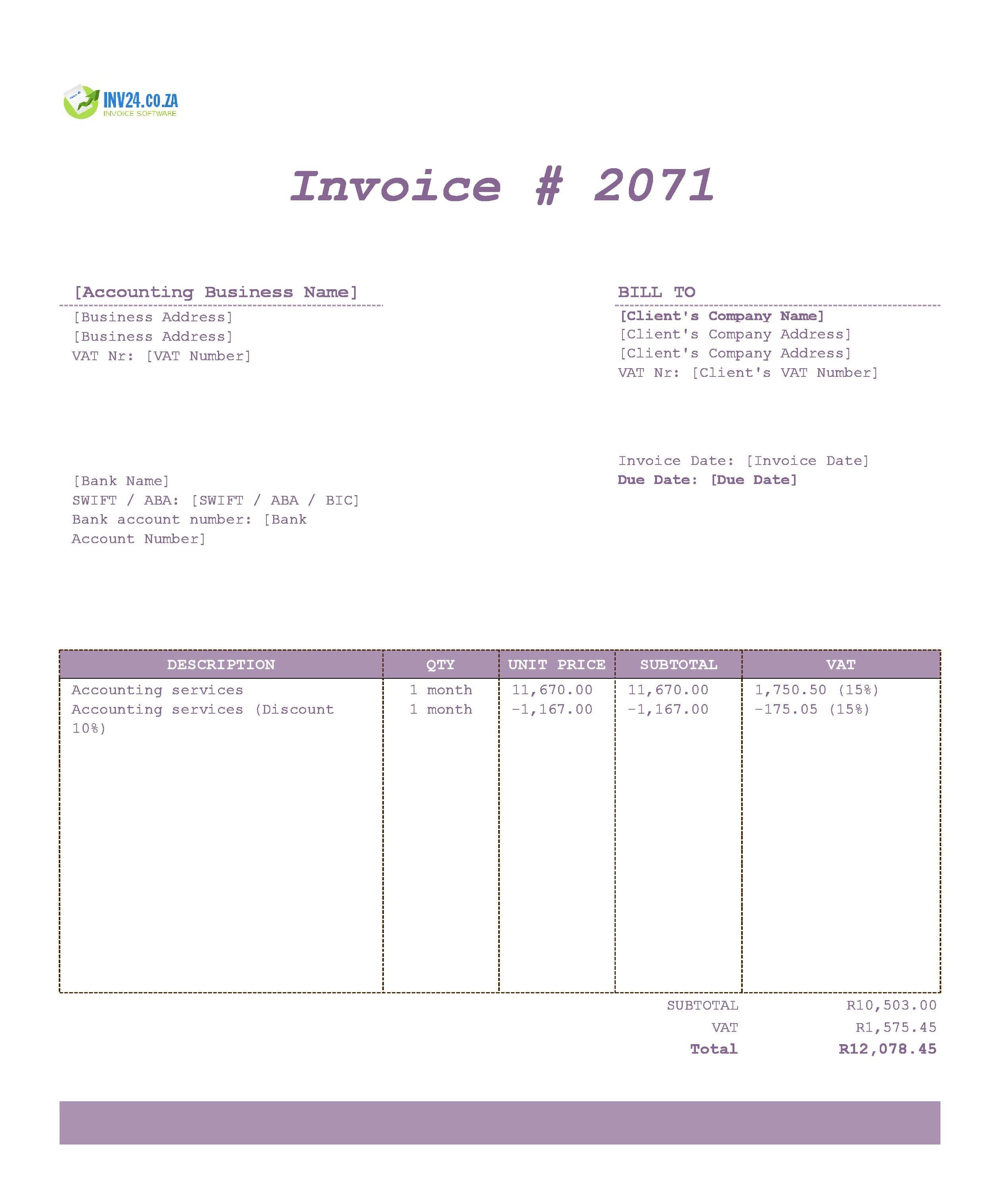Accounting Invoice Template for South Africa (Excel / Google Sheets)