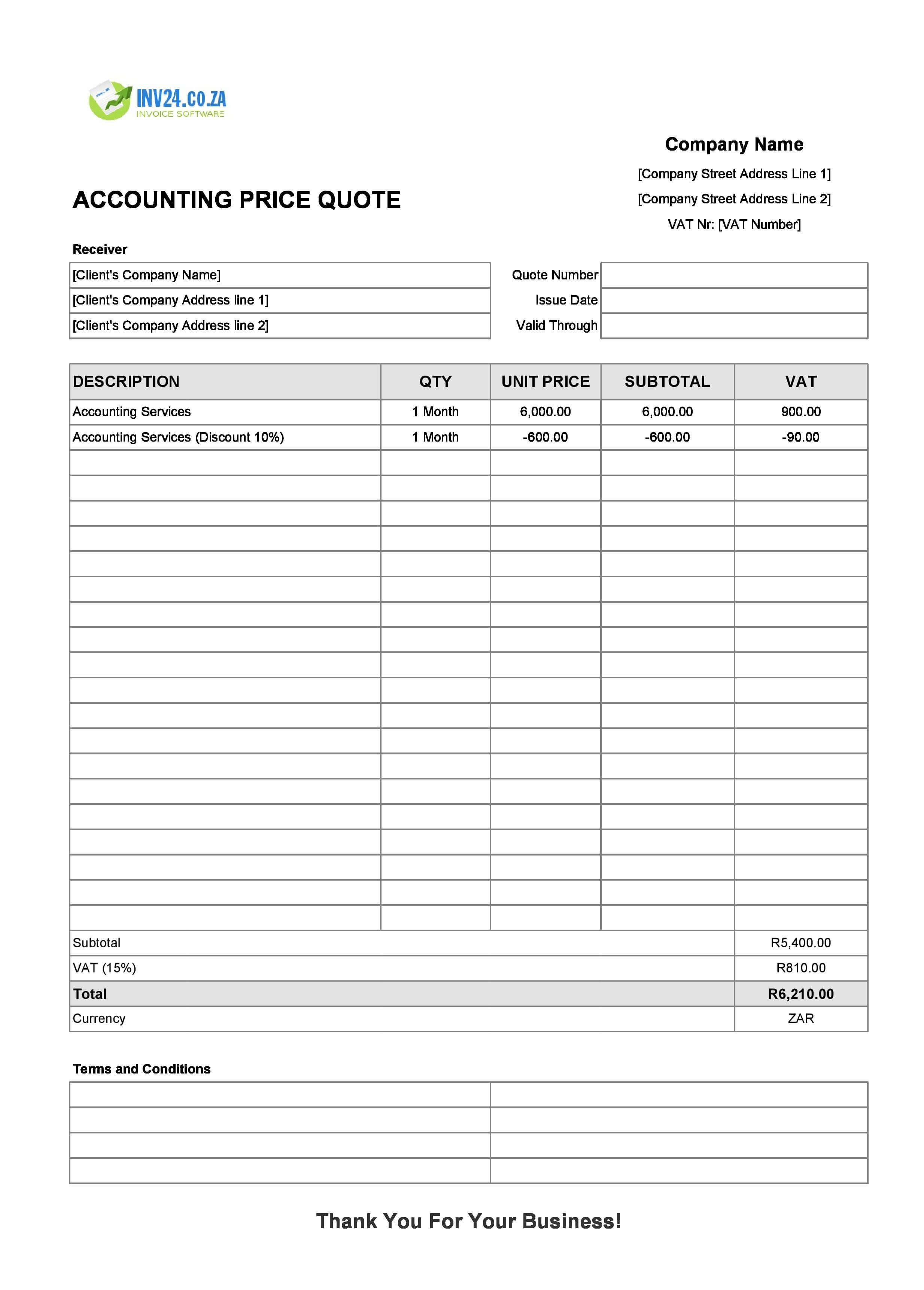 Accounting Quote Template for South Africa (Excel / Google Sheets)