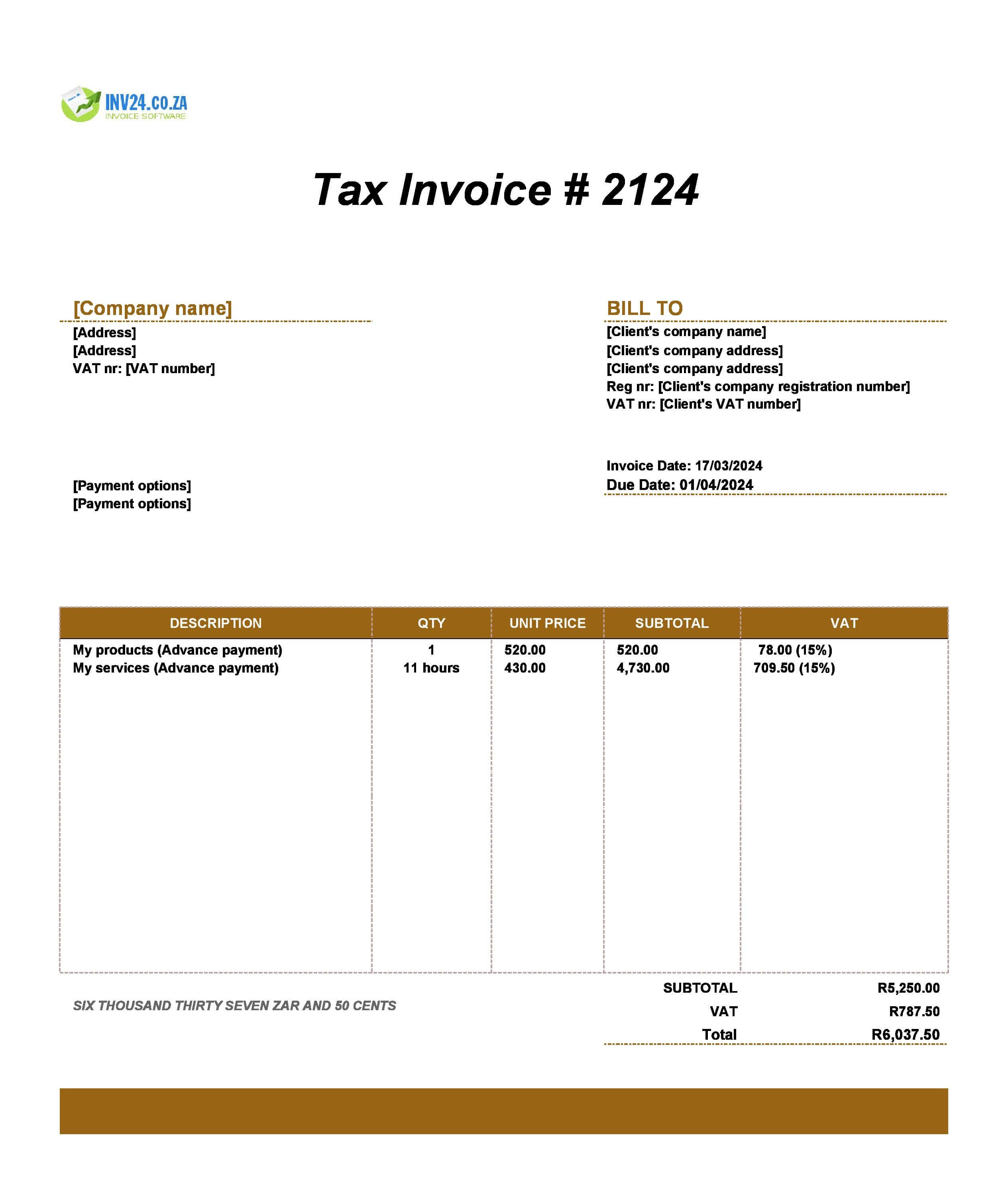 Advance Invoice Template South Africa (Excel / Google Sheets)
