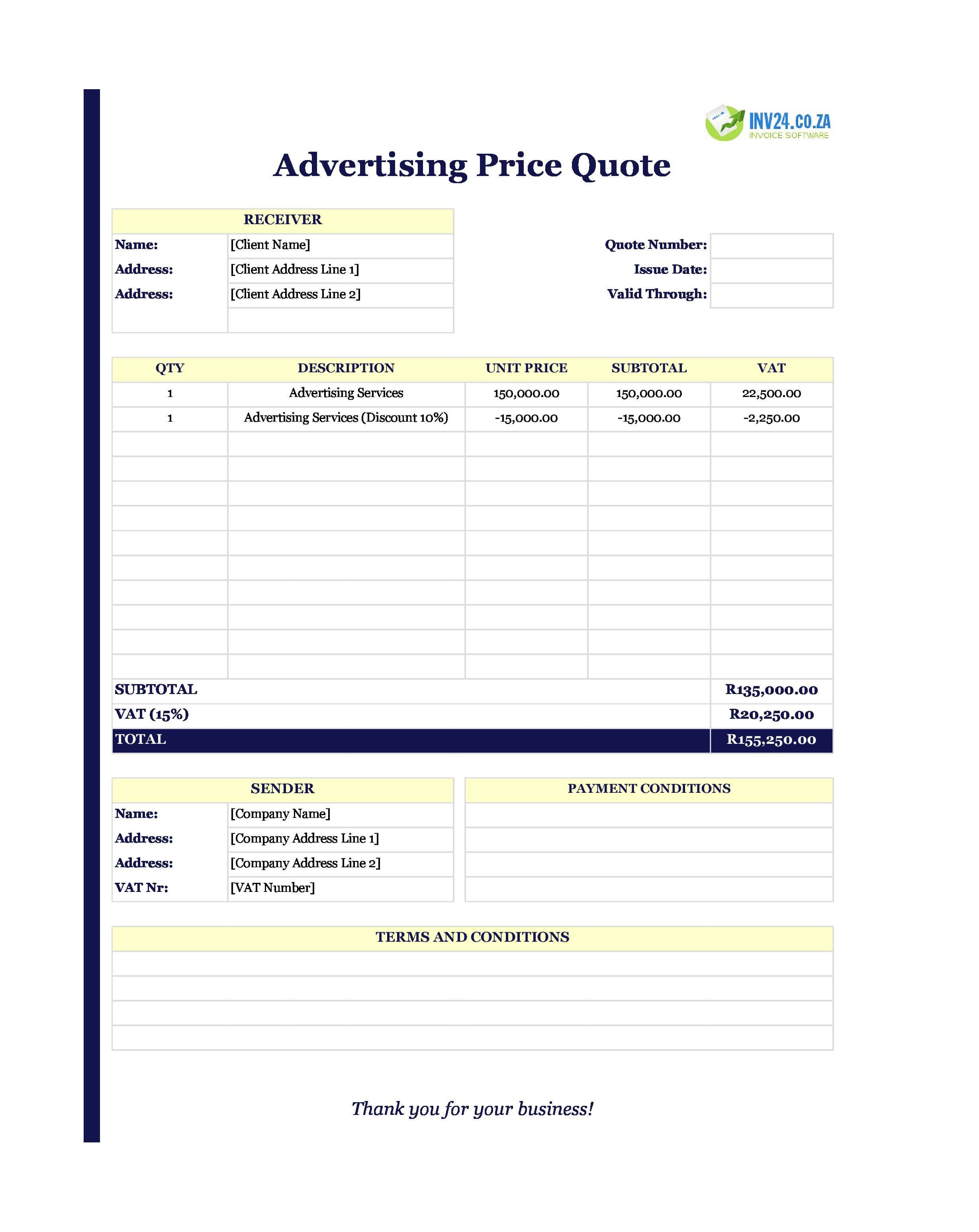 Advertising Quote Template for South Africa (Excel / Google Sheets)