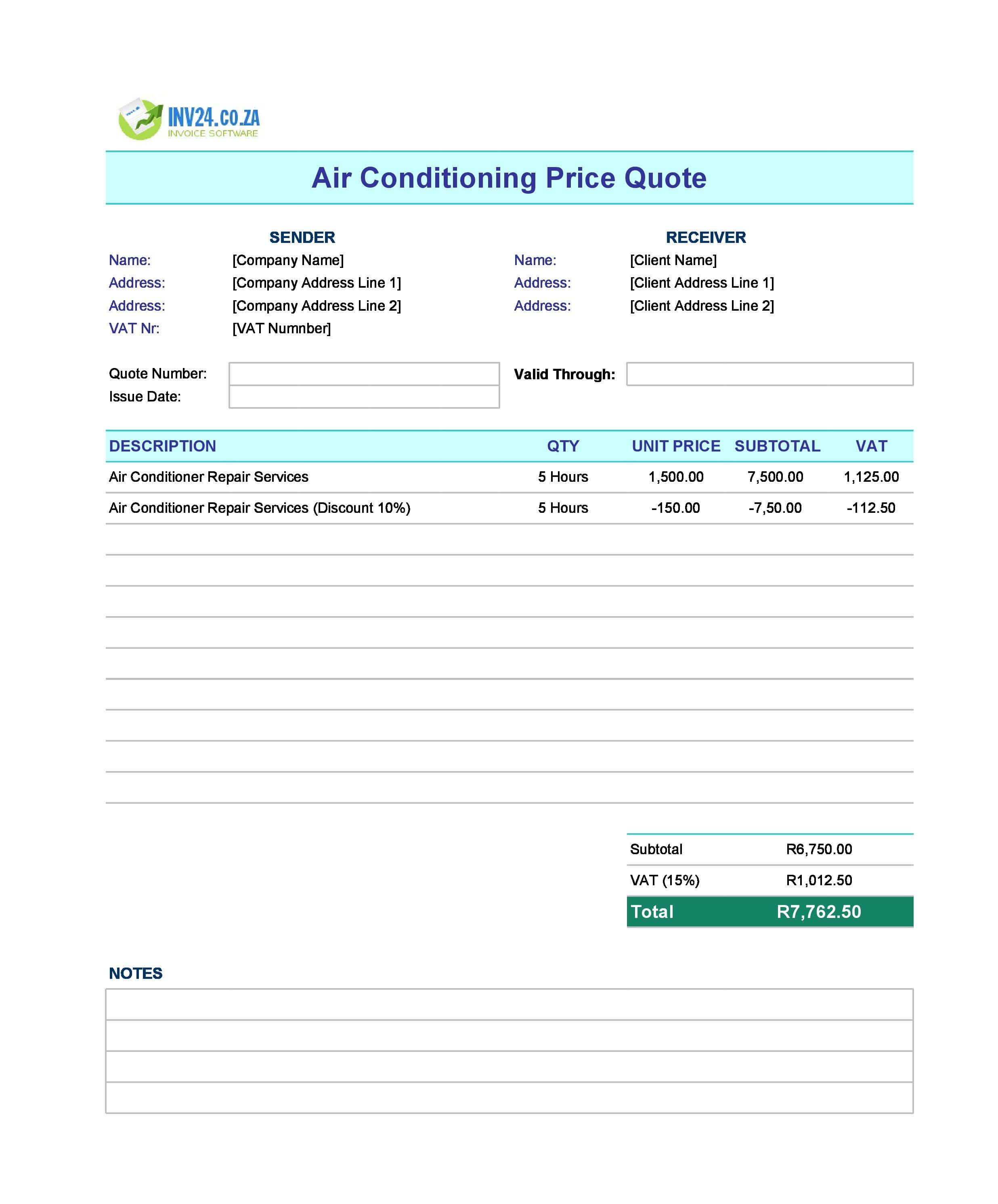Air Conditioning Quote Template for South Africa (Excel / Google Sheets)
