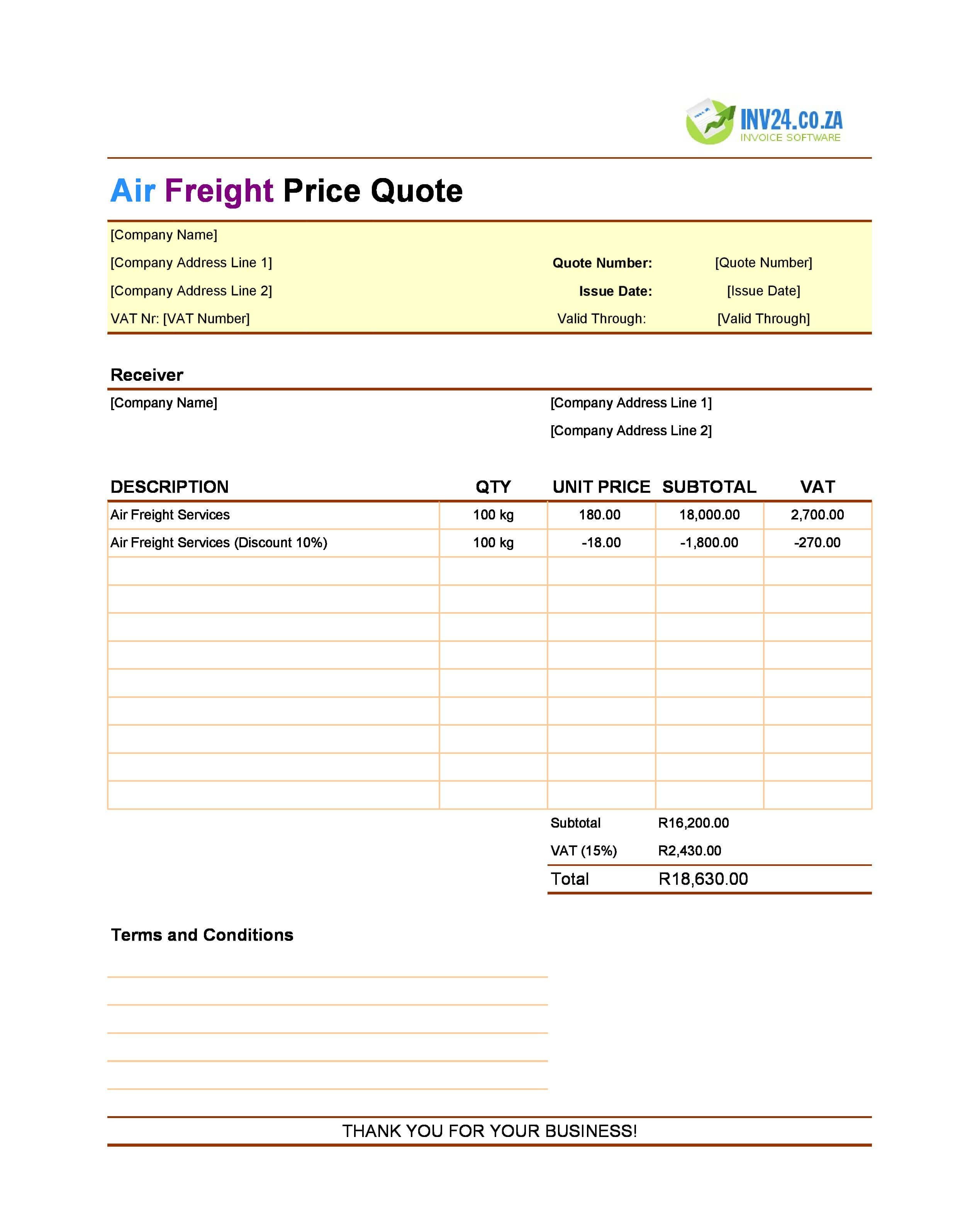 Air Freight Quote Template for South Africa (Excel / Google Sheets)