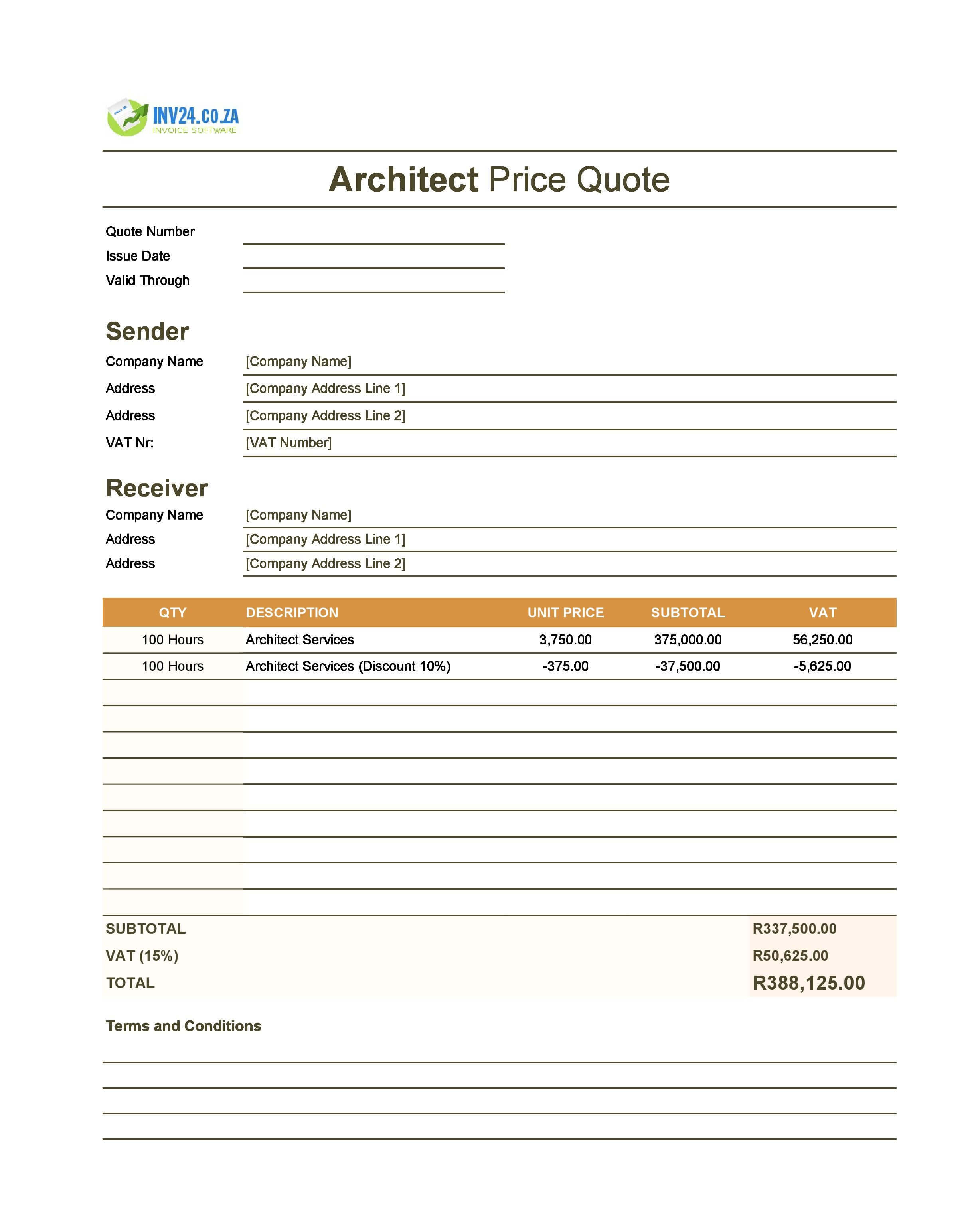 Architect Quote Template for South Africa (Excel / Google Sheets)