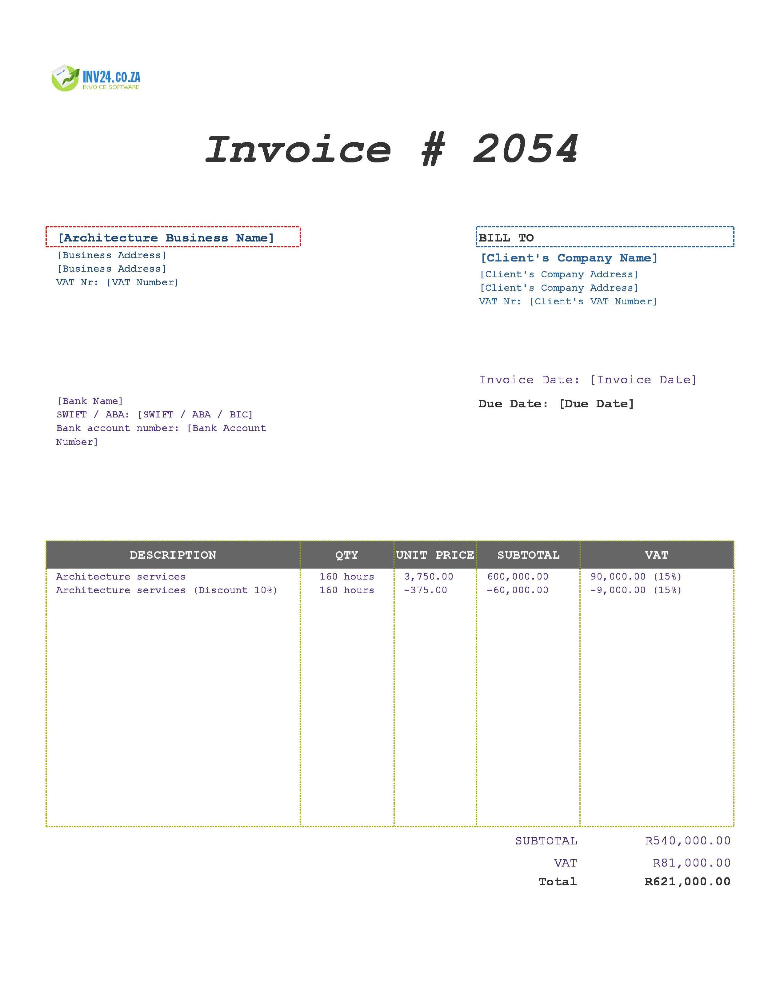 Architecture Invoice Template for South Africa (Excel / Google Sheets) Architecture Invoice Template for South Africa (Excel / Google Sheets)