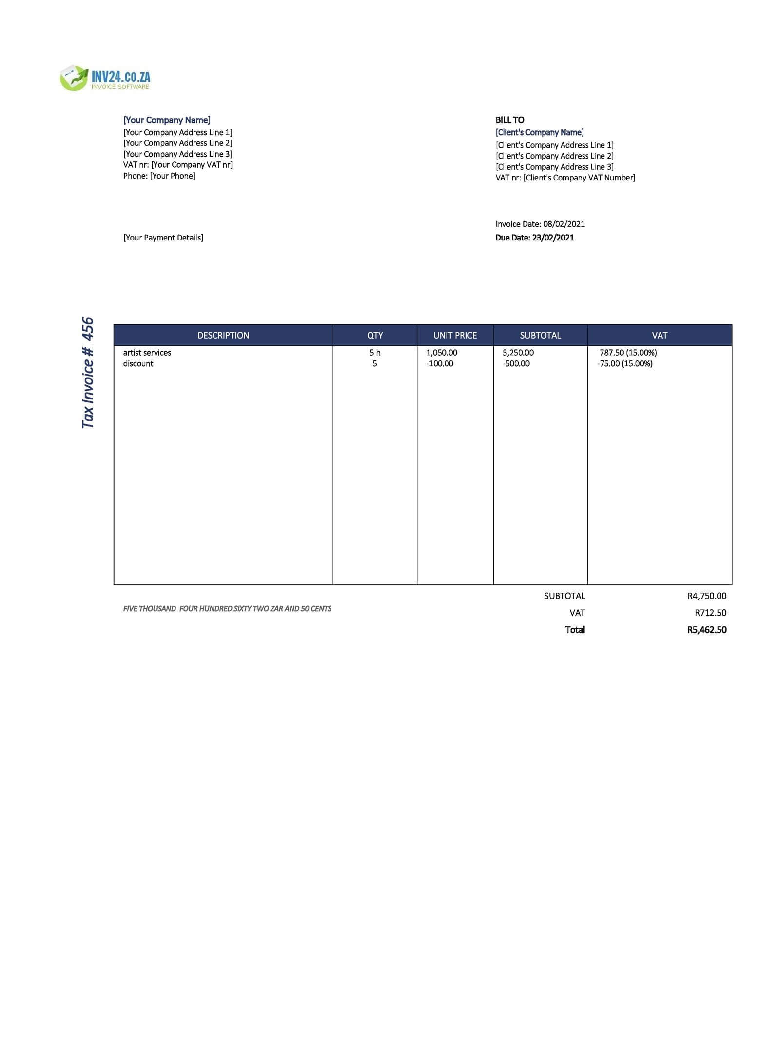 Artist Invoice Template South Africa Excel 